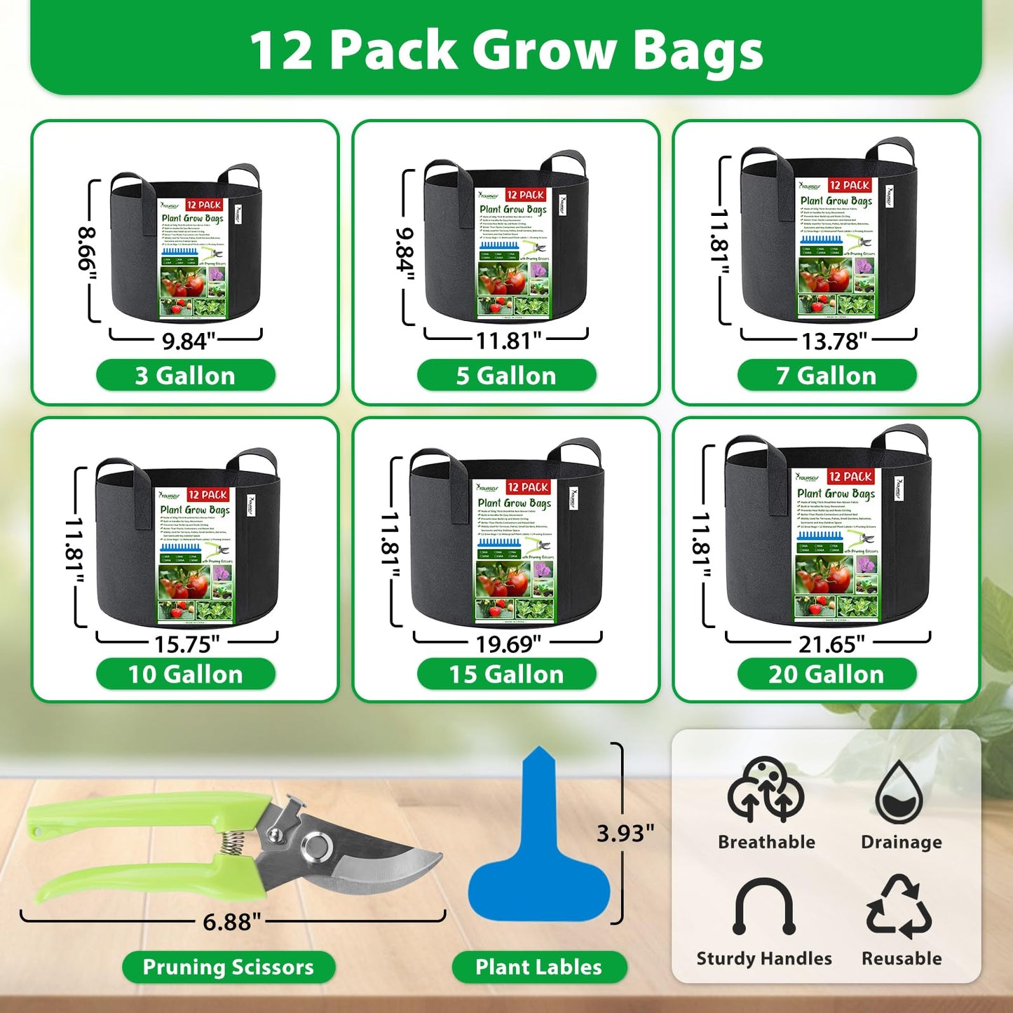 SYOURSELF Grow Bags 12 Pack 15 Gallon Grow Bags,300G Thickened Nonwoven Fabric Pots with Handles Potato Grow Bags Garden Bags for Vegetable Flower Garlic (12 Plant Lables+1 Pruning Scissors Included)