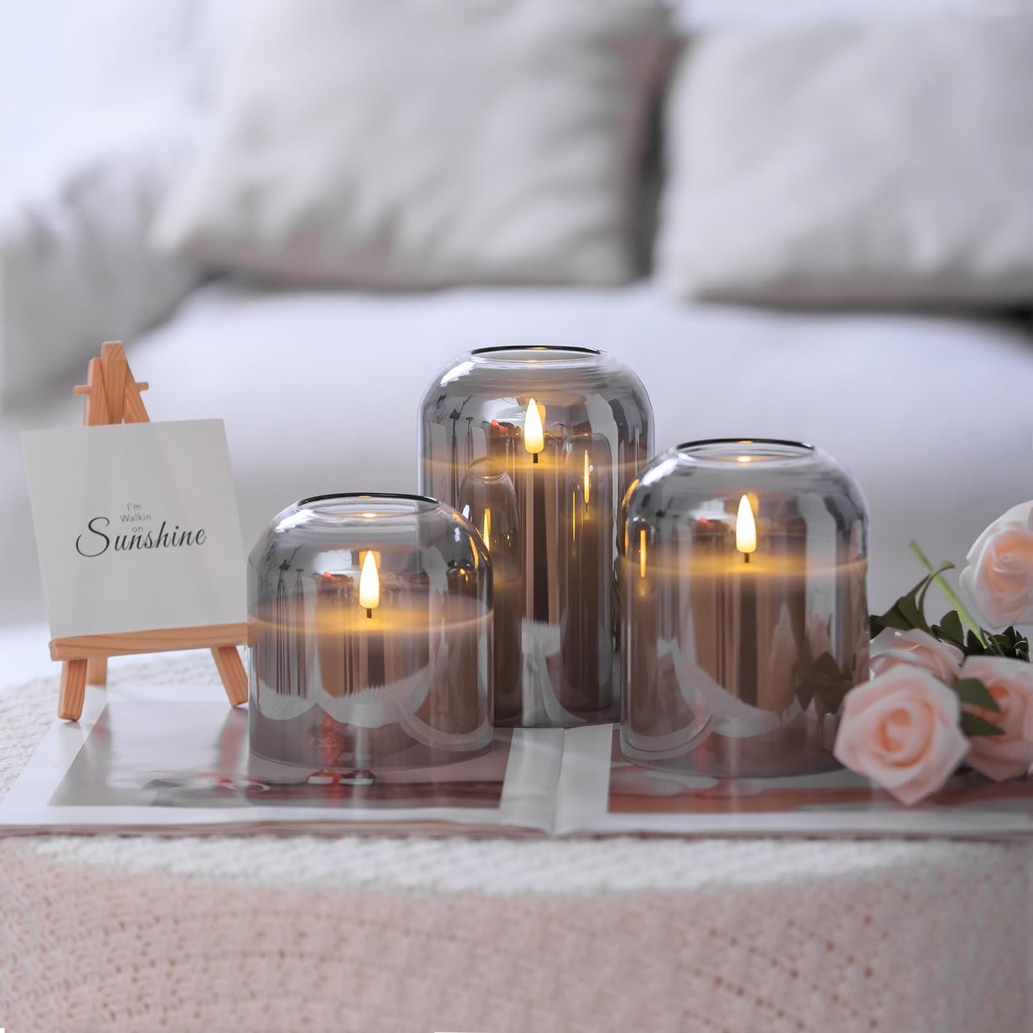 volnyus Gray Glass Flameless Candles Set of 3 (Φ 4" H 4" 5" 6") with Remote Battery Operated Flickering LED Pillar Candles Real Wax 3D Wick