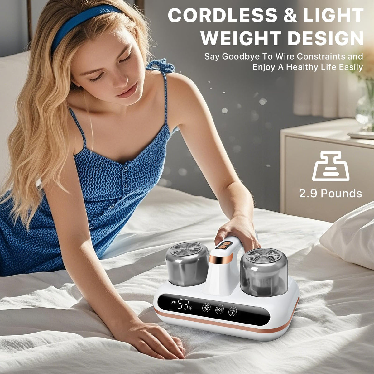 1000W Cordless Bed Vacuum Cleaner - 5-in-1 Mattress Vacuum with &Built-in Humidity Sensor, High-Frequency Tapping, 16Kpa Suction, Low Noise, Rechargeable & Portable, Ideal for Dust, Pet Hair (White8)