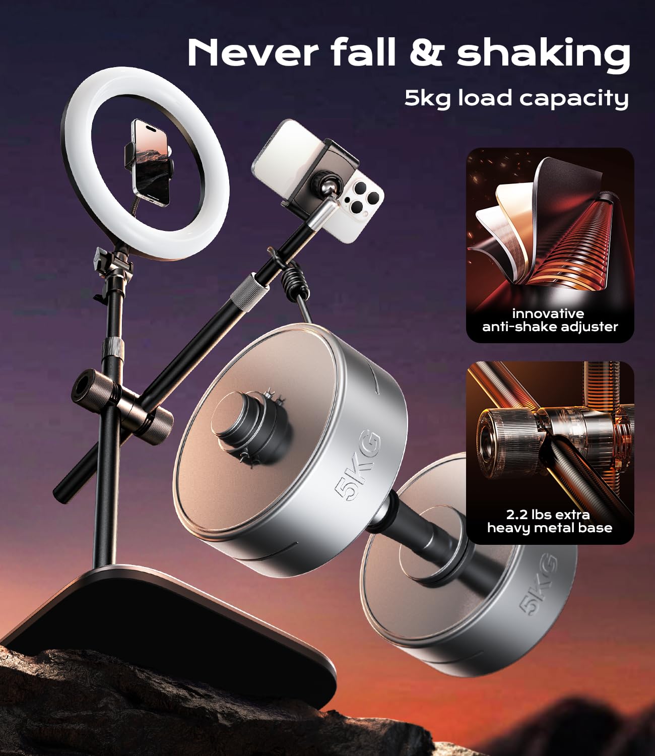 ATKTTOP Overhead Phone Mount, Overhead Camera Stand[Anti-Shaking] with 10.5" Ring Light, Desk Stand for iPhone with Ring Light for Video Recording, Zoom Meeting,YouTube,TikTok (Set 1)