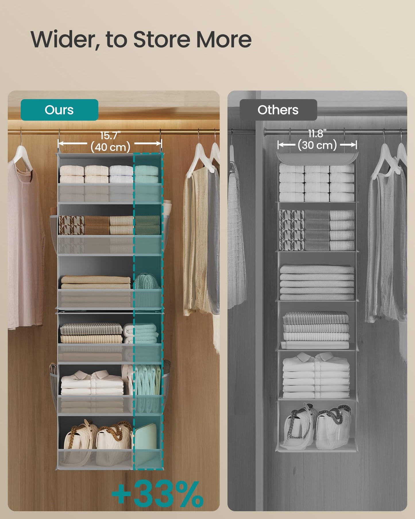 SONGMICS Hanging Closet Organizer, 6-Tier Fabric Storage Shelf, Separable Closet Hanging Shelf with Side Pockets, Foldable, Metal Hooks and Bamboo Inserts, Dark Gray URCH007G01