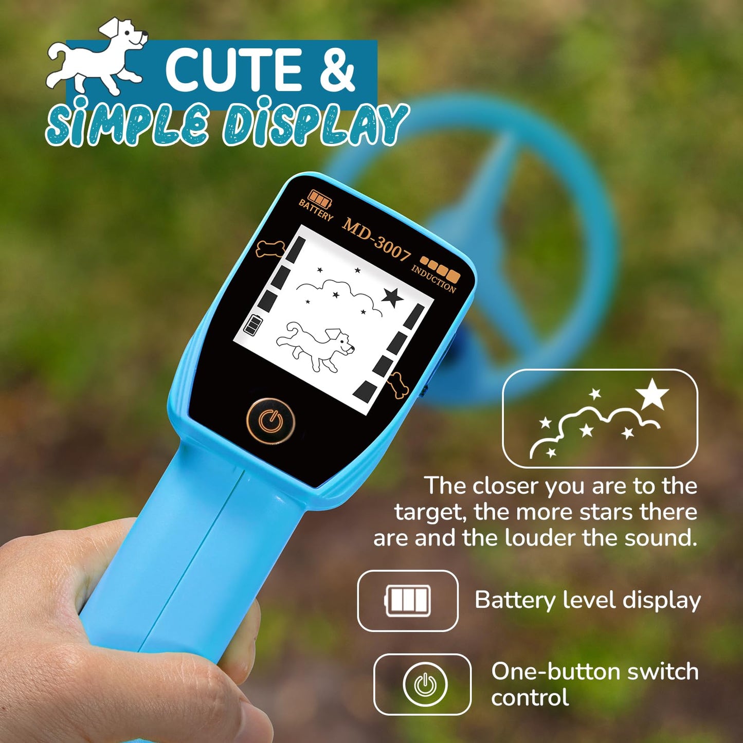 Metal Detector for Kids, Smofrees USB Rechargeable Small Kids Metal Detector, Adjustable 24"-34" Portable Childrens Metal Detector with Funny LCD Display for Outdoor Exploration, Blue