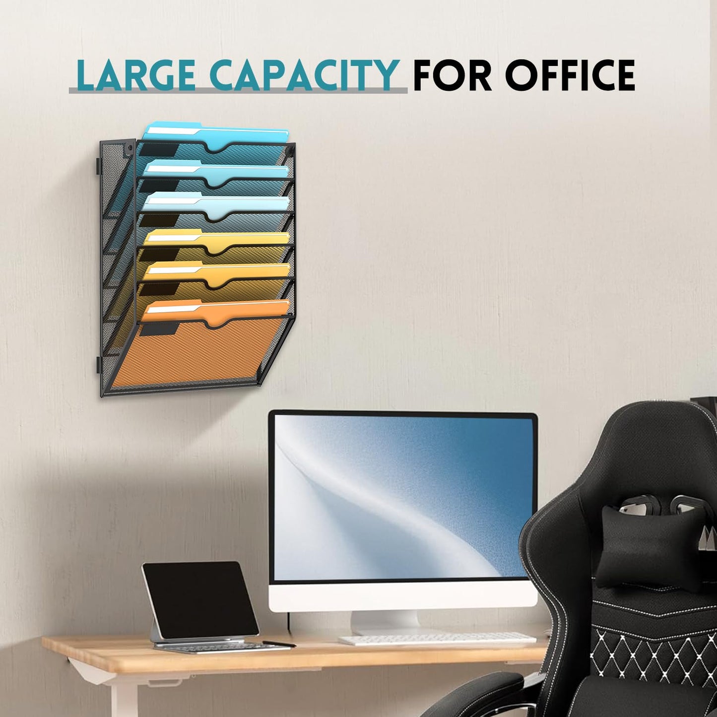 SUPEASY 6-Tier Wall File Organizer Mesh Office Mail Holder, Hanging Wall Organizer Magazine Rack for Office Black