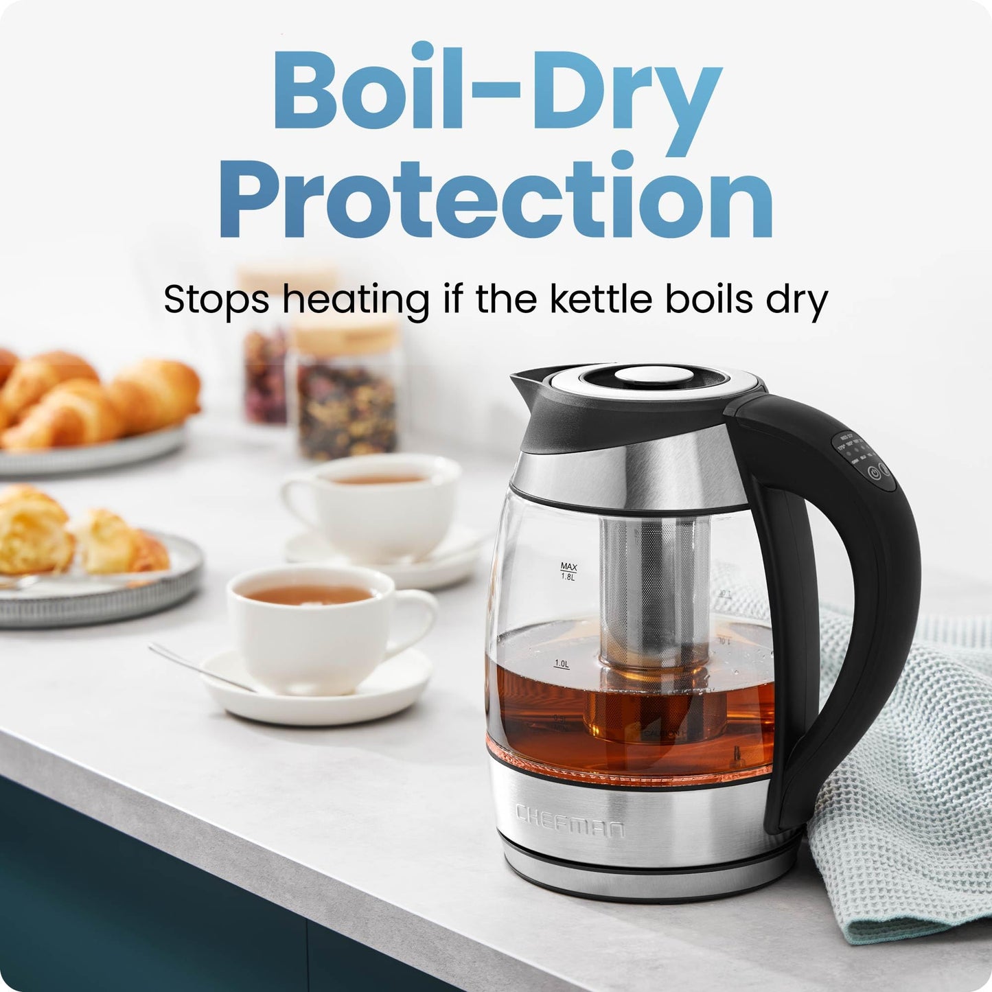 Chefman Electric Kettle w/ Temperature Control, 5 Presets, Colored LED Indicator Lights, 360° Swivel Base, BPA Free, Removable Tea Infuser Included, 1100 Watts & 120 Volts, Stainless Steel, 1.8 Liters