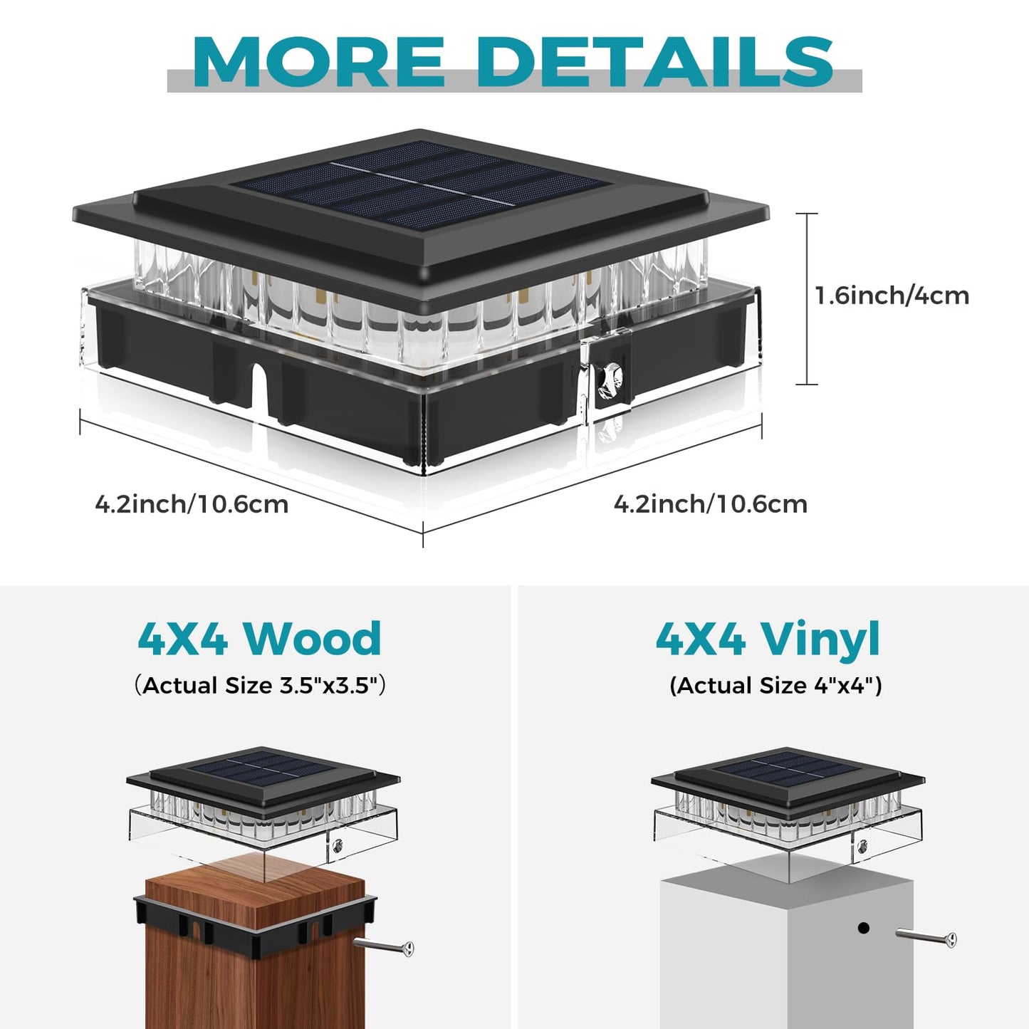 kolpop 4x4 Solar Post Cap Lights,Warm White Bright Outdoor Fence Post Solar Lights,IP65 Waterproof Desk Post Solar Light for Patio Garden Porch Fence Deck Wooden/Vinyl Posts,Black 12 Pack