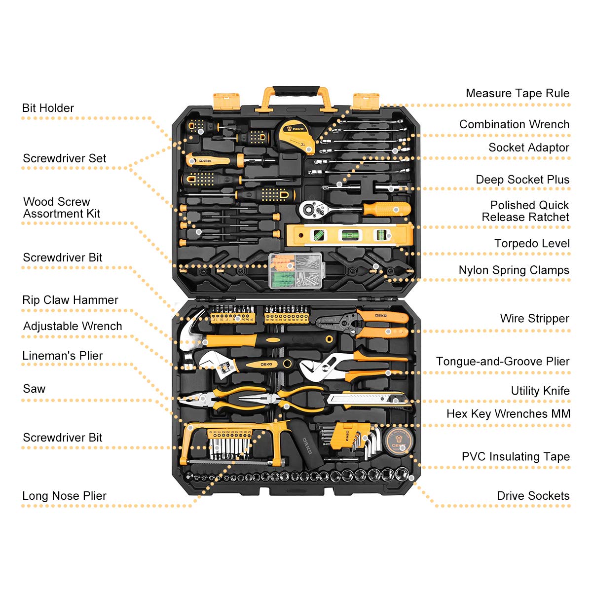 DEKOPRO 228pcs Socket Wrench Auto Repair Tool Combination Package Mixed Tool Set Hand Tool Kit with Plastic Toolbox Storage Case (228PCS)