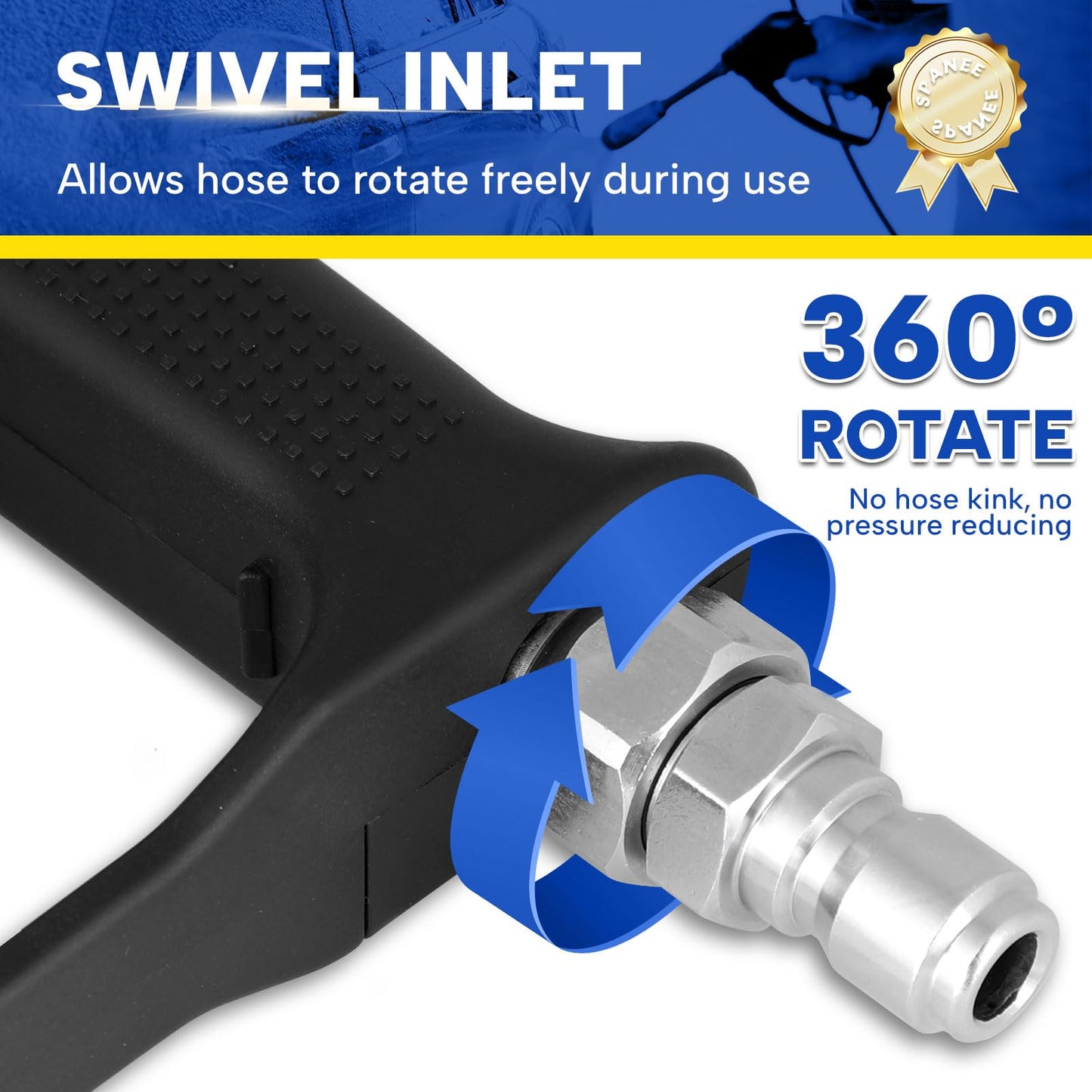 Short Pressure Washer Gun with Swivel, 4000 PSI High Power Washer Spray Gun with 5 Spray Nozzle Tips, 3/8" Quick Connect Plug and M22-14/15mm Fittings, Car Wash Foam Gun Compatible with Foam Cannon