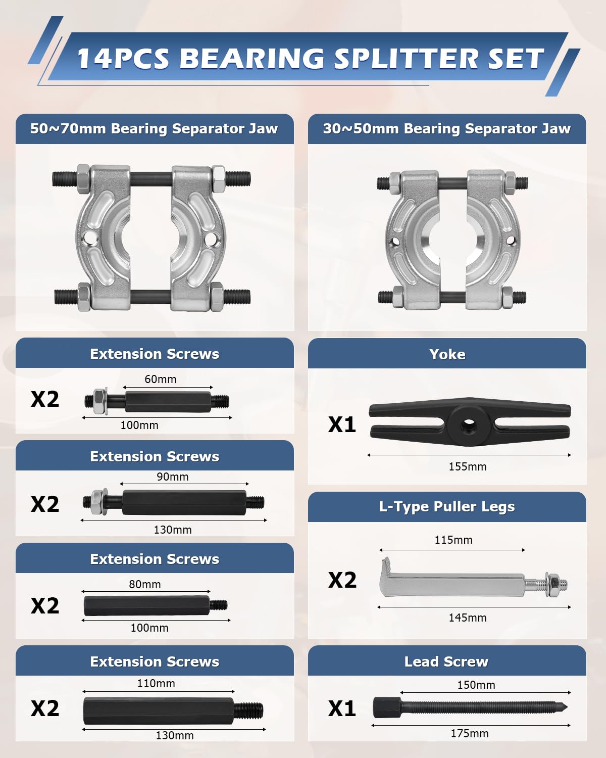 DAYUAN 14pcs 2 inch and 3 inch Splitters Remove Bearings Kit 5 ton Capacity Bearing Separator Puller Set with Red Case