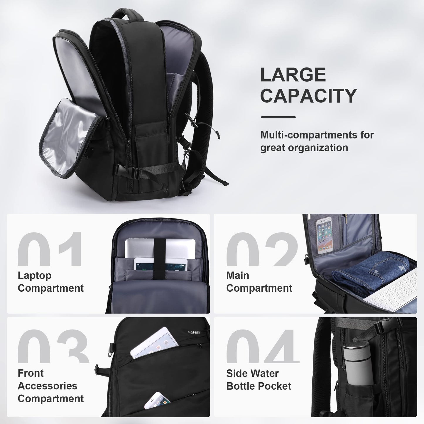 HOMIEE Travel Laptop Backpack, Flight Approved Carry-On Backpack 15,6" Laptop Backpack, Anti-theft Travel Backpack with USB Charging Port, Unisex Luggage Backpack, Black
