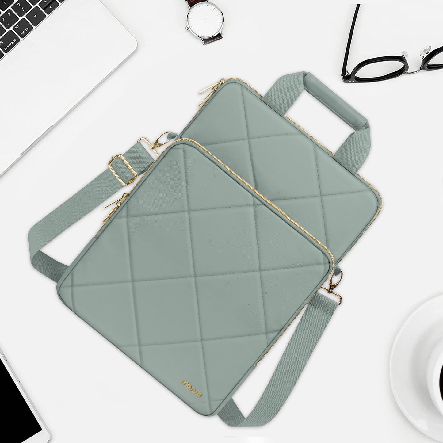 MOSISO Vertical Laptop Shoulder Bag,15-15.6 inch Computer Bag Compatible with MacBook 16 inch, HP, Dell, Lenovo, Asus Notebook,Rhombus Quilted Messenger Bag with Front Pocket&Handle&Belt,Antique Green