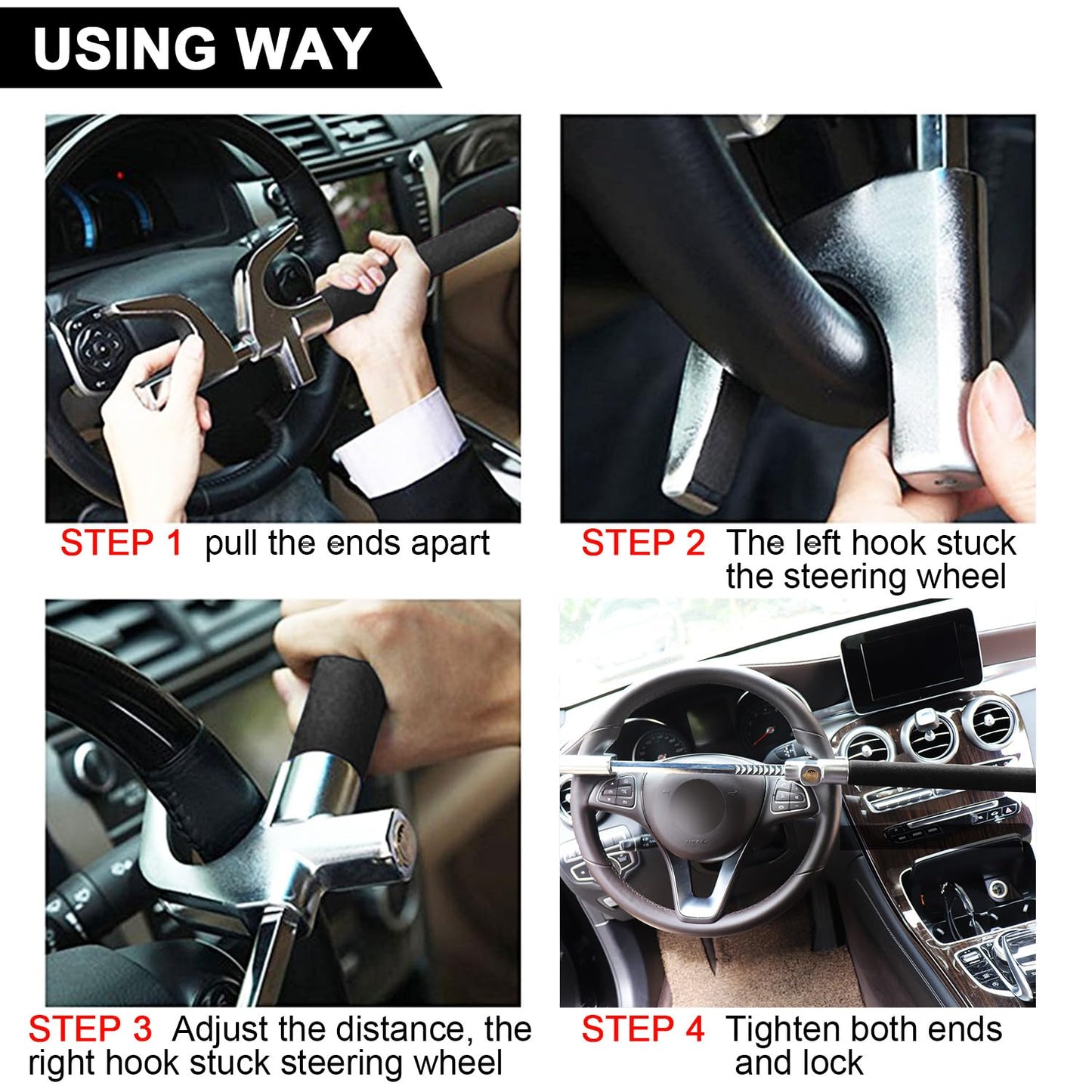 Tevlaphee Steering Wheel Lock for Cars,Wheel Lock,Vehicle Anti-Theft Lock,Adjustable Length Clamp Double Hook Universal Fit Emergency Hammer Window Breaker Self Defense Heavy Duty Secure (Black)
