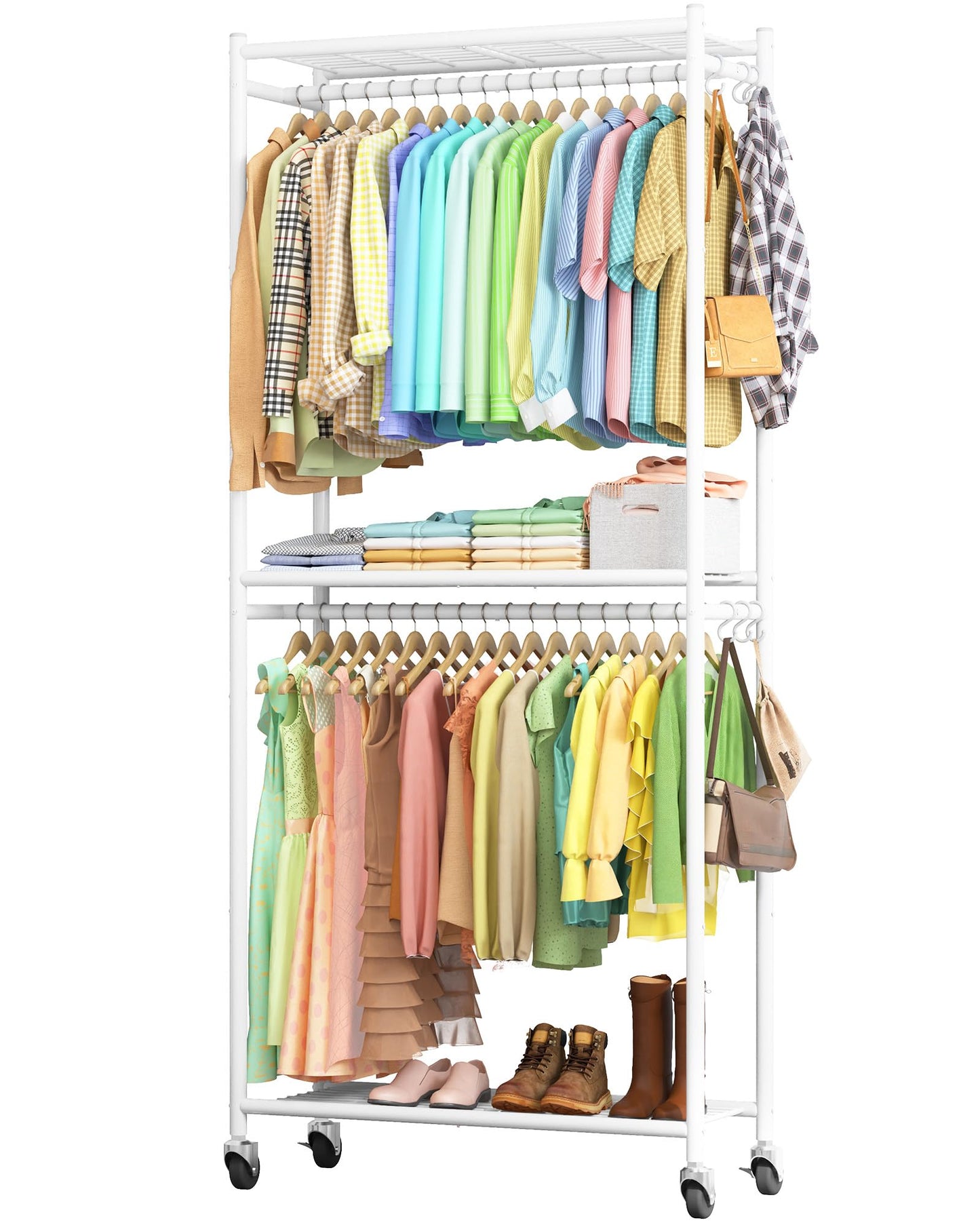 Sakugi Clothing Rack - Coat Rack with Shelves & Wheels, Multi-Functional Clothes Rack with Hooks, Sturdy Metal Garment Shelf for Bedroom, Laundry, Balcony, 84W × 31D × 202H cm, White