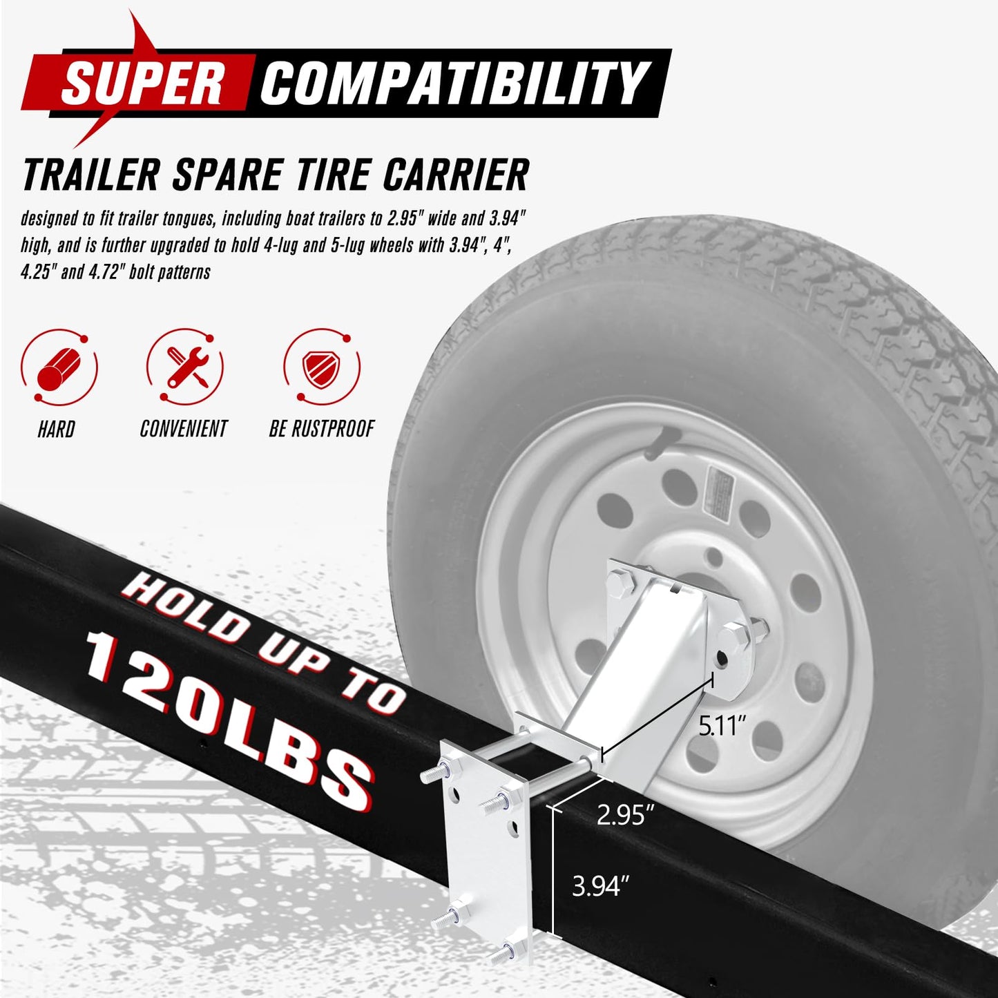 FieryRed Bolt On Spare Tire Bracket Carrier Mount, for Trailer Tounges and Boat Trailers, Fits 4 and 5 Lug Wheels with Various Bolt Patterns