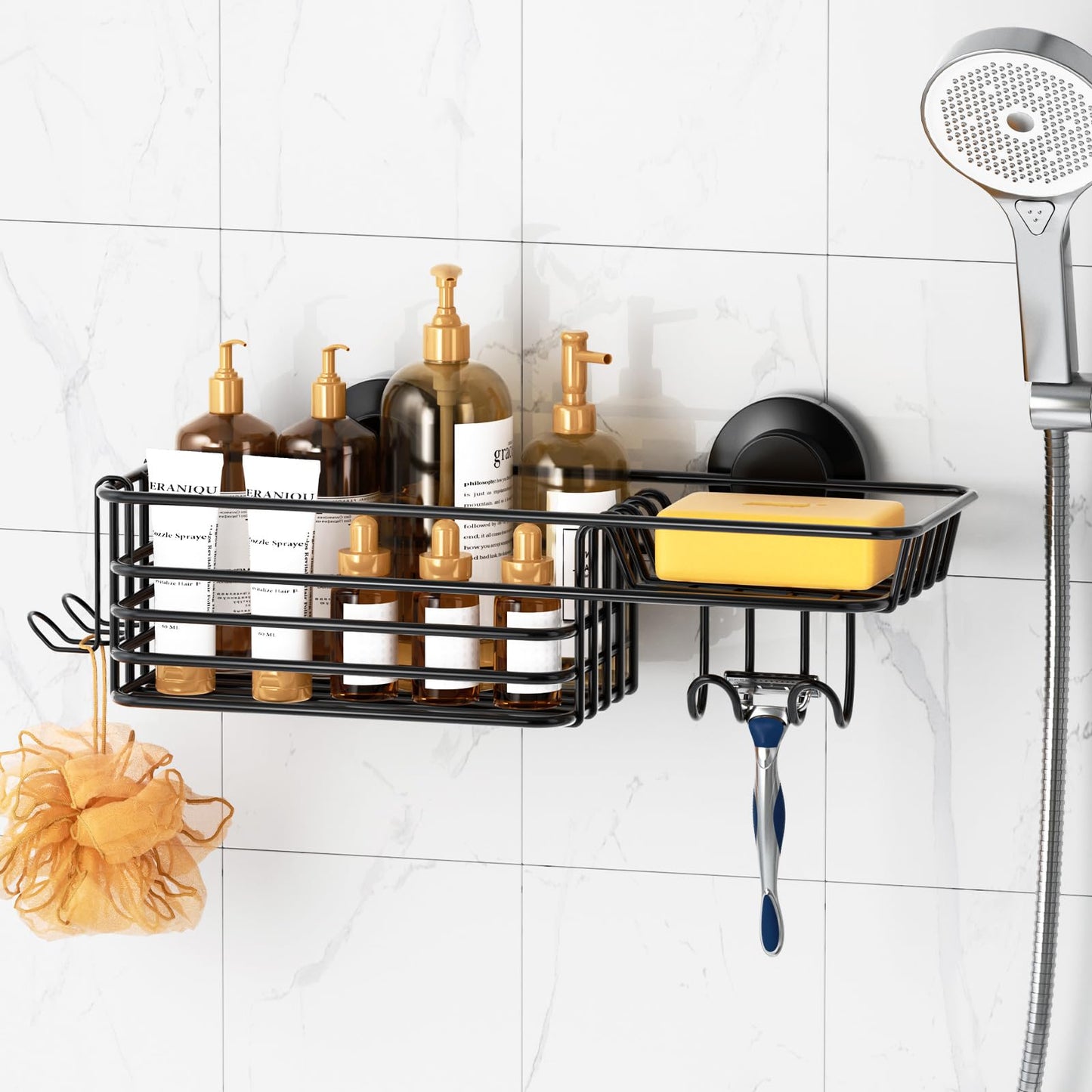 LEVERLOC Shower Caddy Suction Cup, Shower Shelf with Hooks and Soap Holder, NO-Drilling Bathroom Organizer, Rustproof Metal Bathroom Storage and Organization - Black