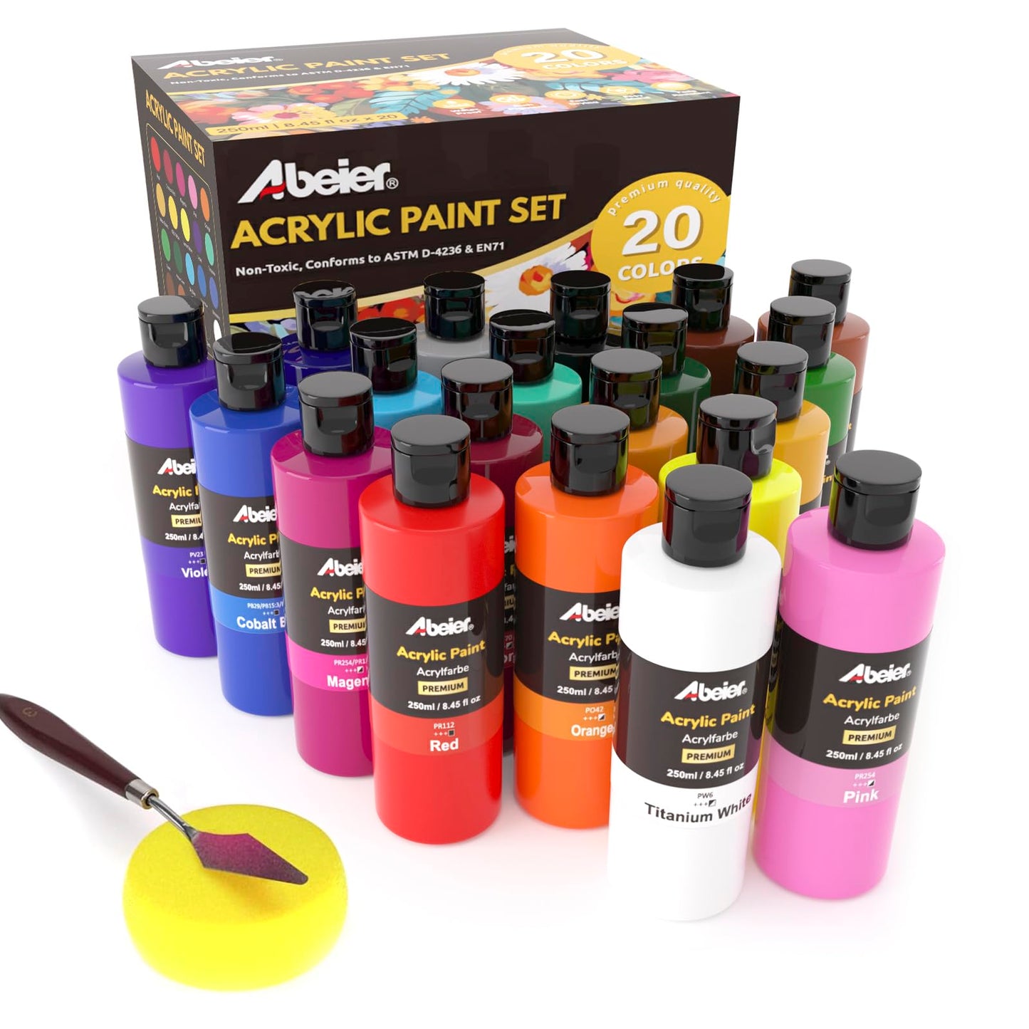 ABEIER Large Bulk Acrylic Paint Set, 20 Colors x 250 ml/8.45 oz Bottles, Matte Finish, Rich Pigments, Non-Toxic, Large Acrylic Paint for Classroom, Canvas, Crafts, Wood, Rock & Ceramic