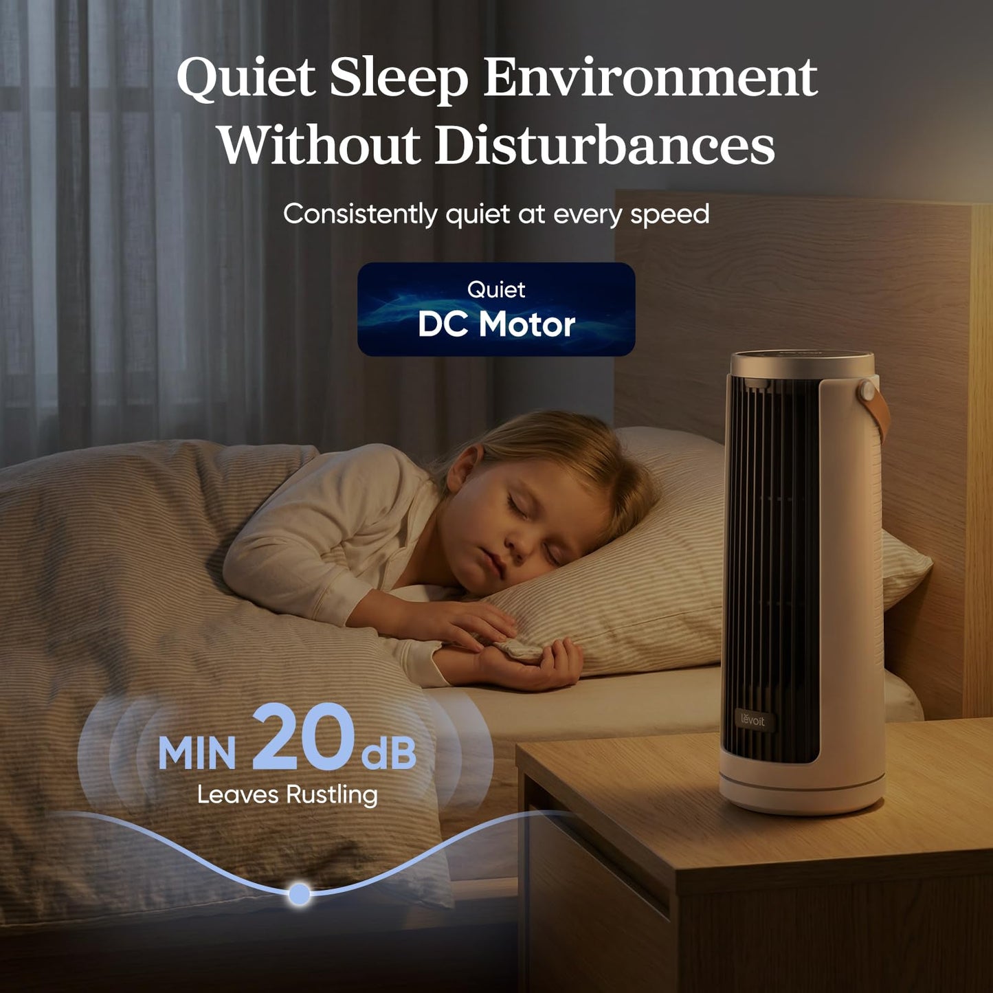 Levoit Mini Tower Fan for Bedroom, Quiet Cooling Desk Fan with Upgraded DC Motor, 20dB Ultra Silent, Portable Small Standing Fan with 5 Speeds, Multi‑Angle Oscillation, Remote & 12H Timer, Windi