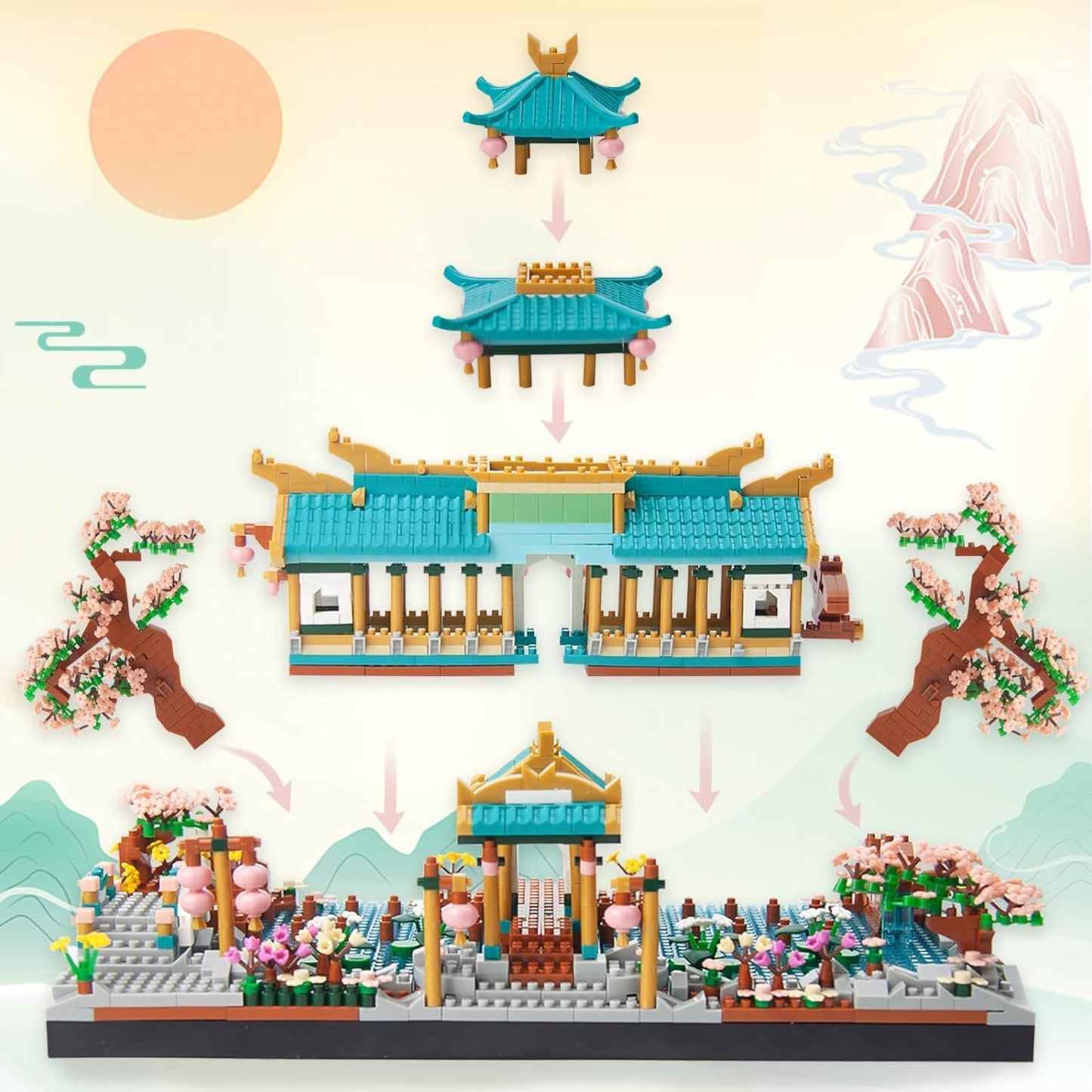 OundarM Mini Chinese Classical Garden Building Blocks Set, Cherry Blossom Botanical Collection Building Set for Adults, 14+ Teens, Home Decor Accessories (2350 Pcs)
