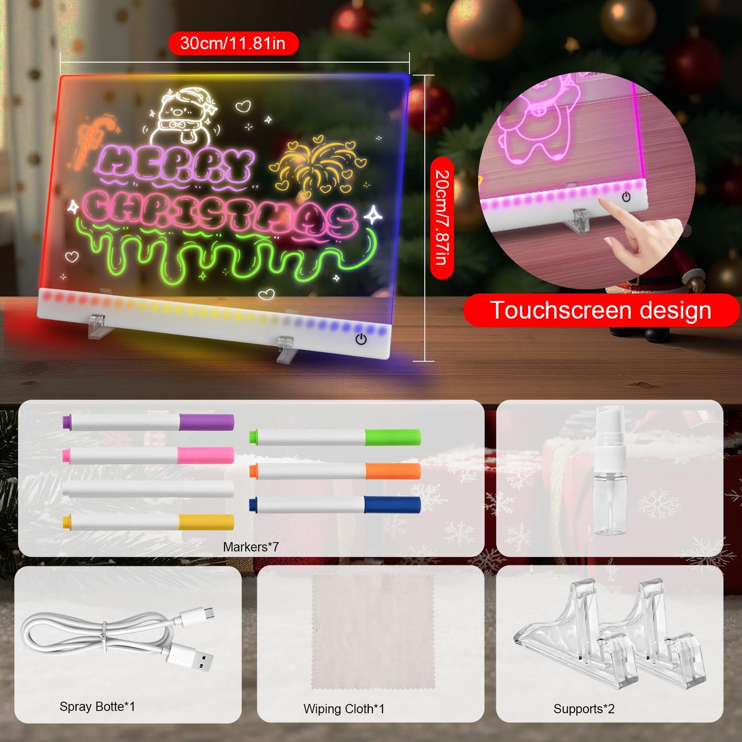 Rechargeable LED Note Board with 4 Modes,7 Colors LED Drawing Board,Acrylic Dry Erase Board with Light,As Night Light for Room/Store/Office,Ideal Gift for Christmas,Valentine's Day,30 * 20cm