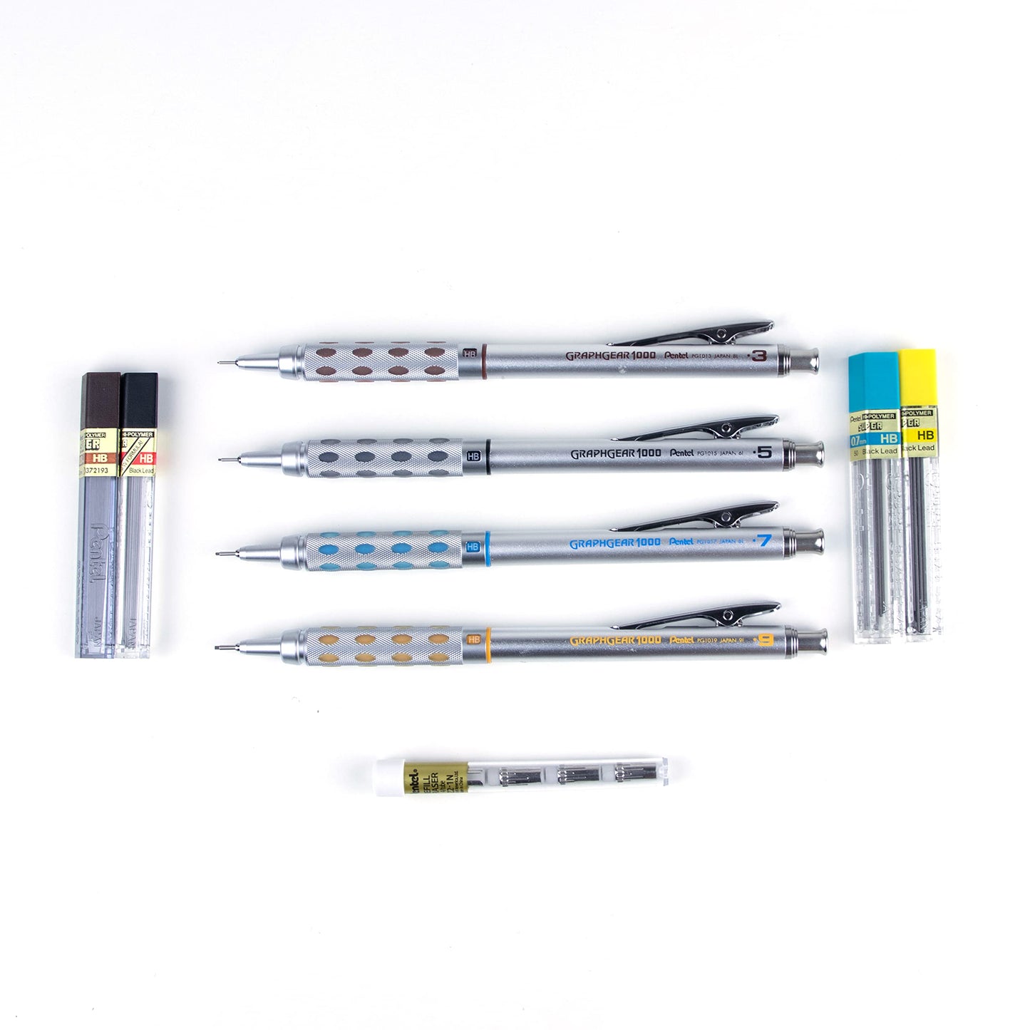 Pentel Arts GraphGear 1000 Premium Mechanical Drafting Pencil Set, Rectractable, For Students, Architects, Engineers, Artists, 4 Assorted Mechancical Pencils and Leads, Refill Erasers, Box Set