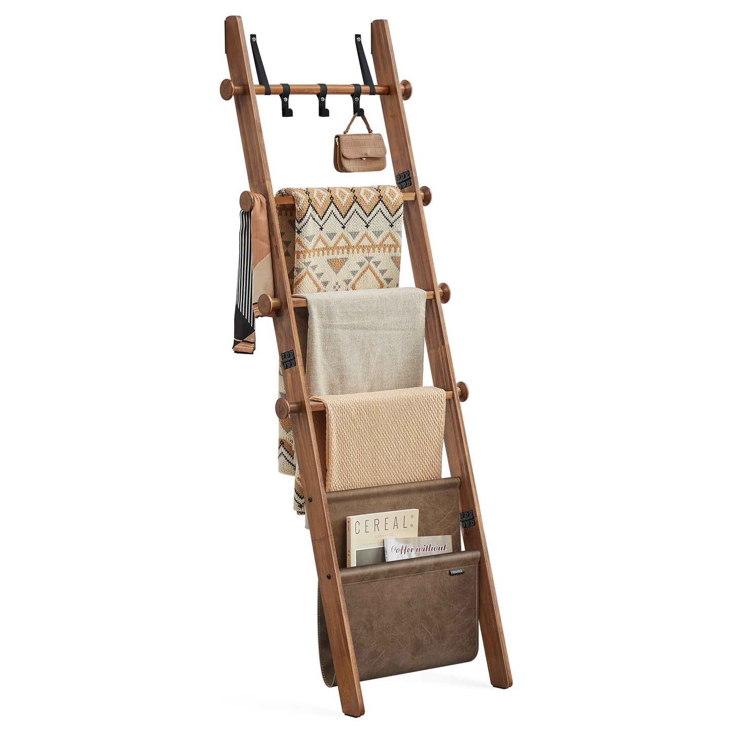 VASAGLE Blanket Ladder for Living Room, 5-Tier Wooden Ladder Shelf, Decorative Farmhouse Blanket Rack with Synthetic Leather Bag, Metal Hooks, Side Hooks, for Bedroom, Caramel Brown ULLS022K01