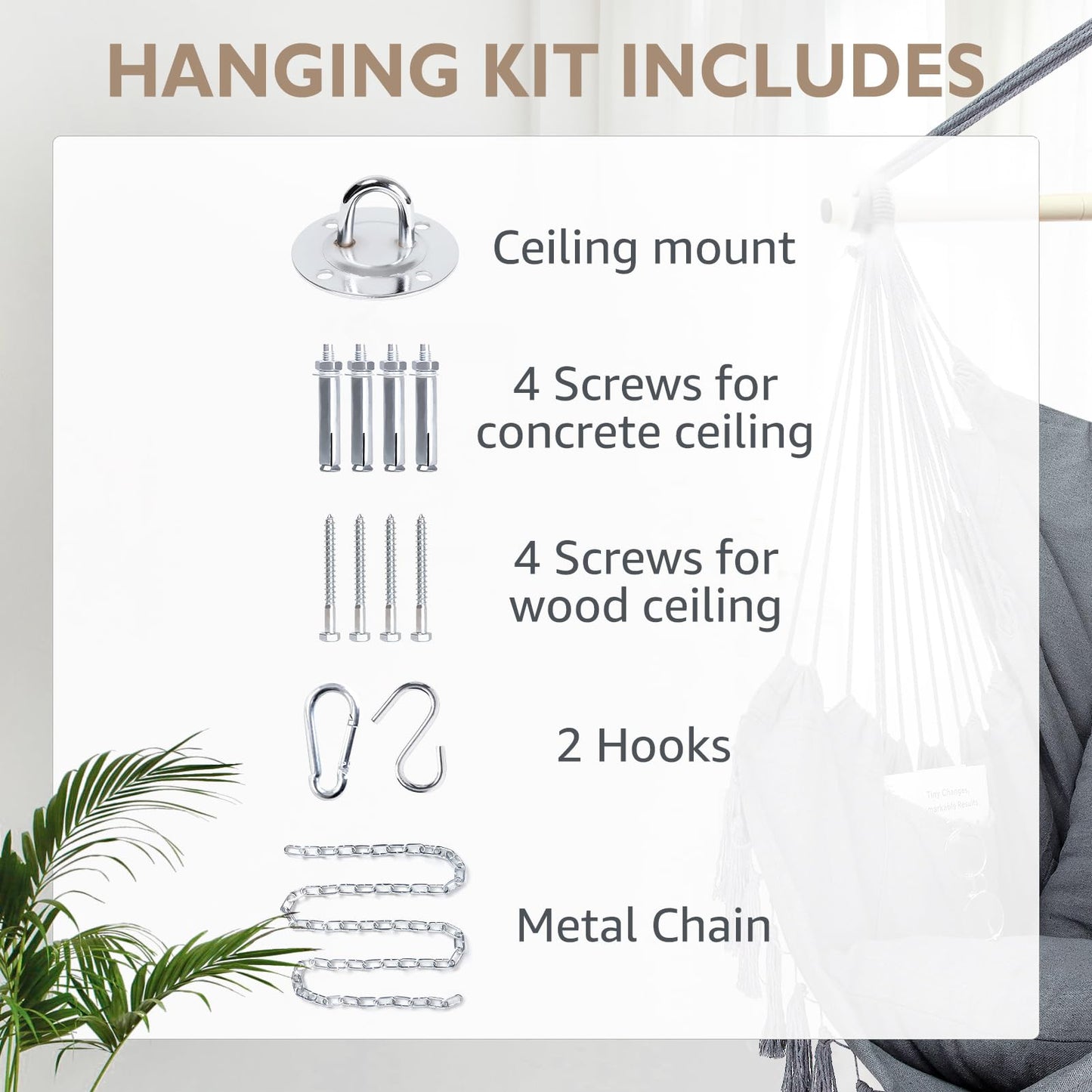 WBHome Extra Large Hammock Chair Swing with Hardware Kit, Hanging Macrame Chair Cotton Canvas, Include Carry Bag & Two Soft Seat Cushions, for Bedroom Indoor Outdoor, Max. Weight 330 Lbs (Grey)