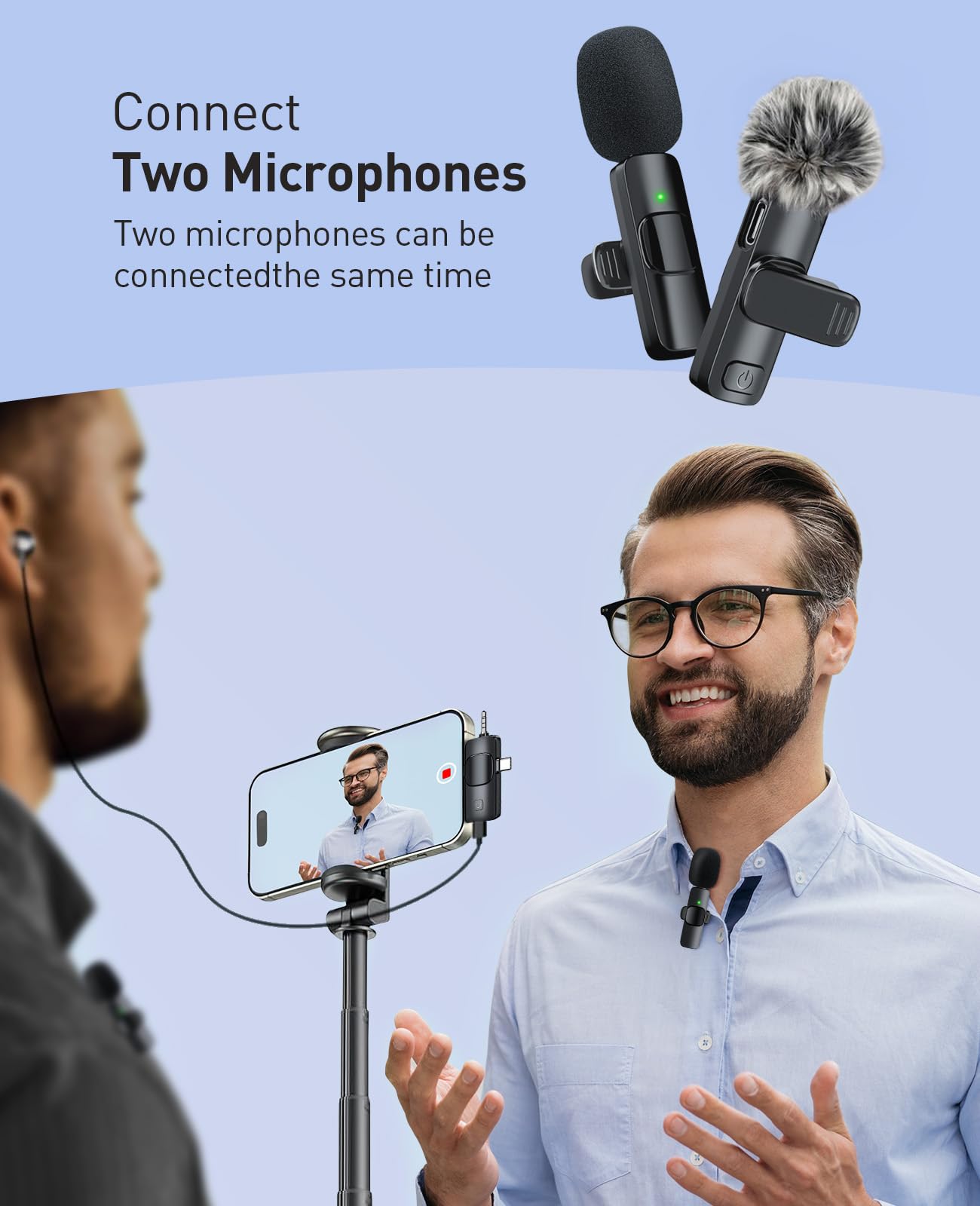 MENERESAS 3-in-1 Mini Microphone for iPhone: Wireless Lavalier Microphones for iOS/Android Devices/Camera - Noise Reduction Lapel Mic - Clip on Mic for Video Recording, Multifunctional