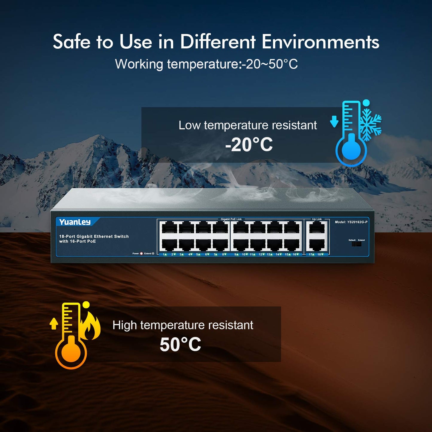 YuanLey 18 Port Gigabit PoE Switch, 16 Port poe+ 1000Mbps, 2 Gigabit uplink Ethernet Switch, 19 inch rackmount, Vlan Unmanaged