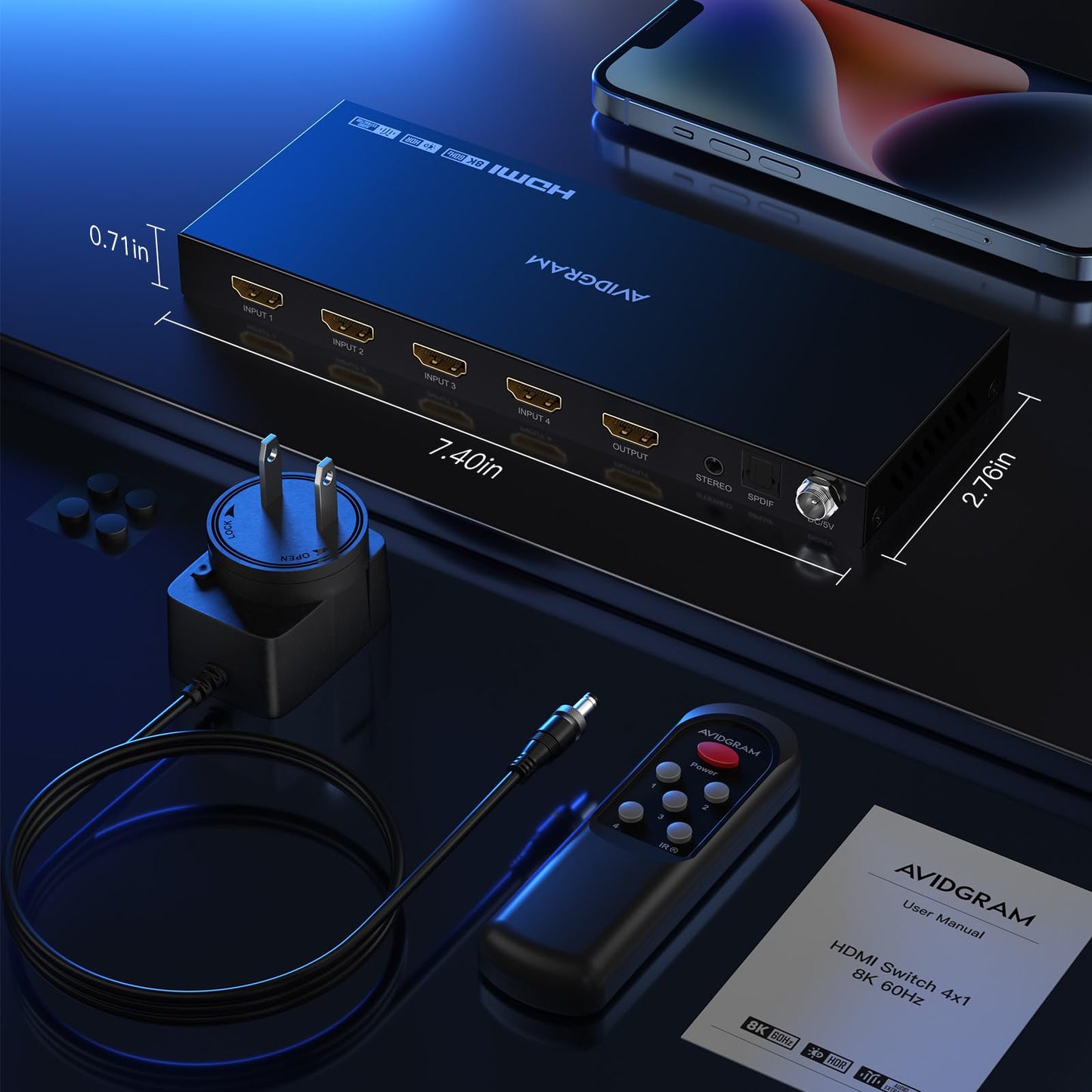 AVIDGRAM 4 Port HDMI Switch 4K 120Hz, 4 In 1 Out HDMI 2.1 Switcher 8K 60Hz with Audio Extractor Toslink 3.5mm and Remote, 16 EDID Modes, HDCP 2.3, HDR10, VRR, ALLM, QFT, CEC, Compatible with Xbox, PS5