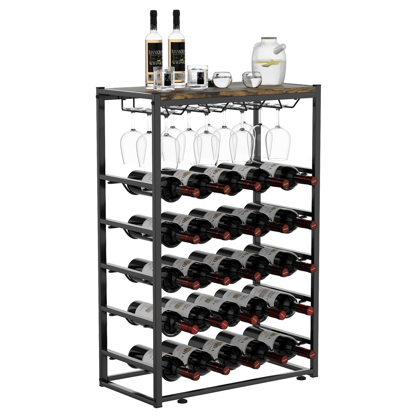 Urban Deco Wine Rack Free Standing Floor for 30 Bottles, 6-Tier Wine Bottle Holder with Metal Frame and Wooden Tabletop, Liquor Shelf for Kitchen Bar Dining Room Living Room, Black