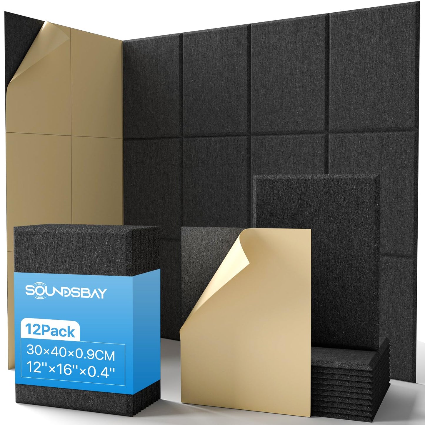 Soundsbay Acoustic Panels, 12 Pack Sound Proof Panels High Density Self-Adhesive Soundproofing Panels 16"×1"×0.4" Acoustic Wall Panels for Ceiling, Recording Studios, Home Offices, Black