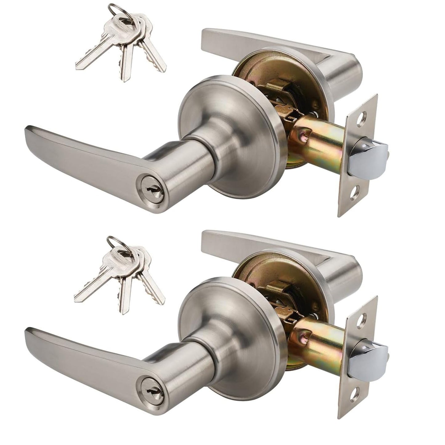 2 Pack of MANREN Lever Keyed Entry Door Lever Handle Lock, Universal Door Knob Hardware,Nickel Brushed Color (MR802et-2)