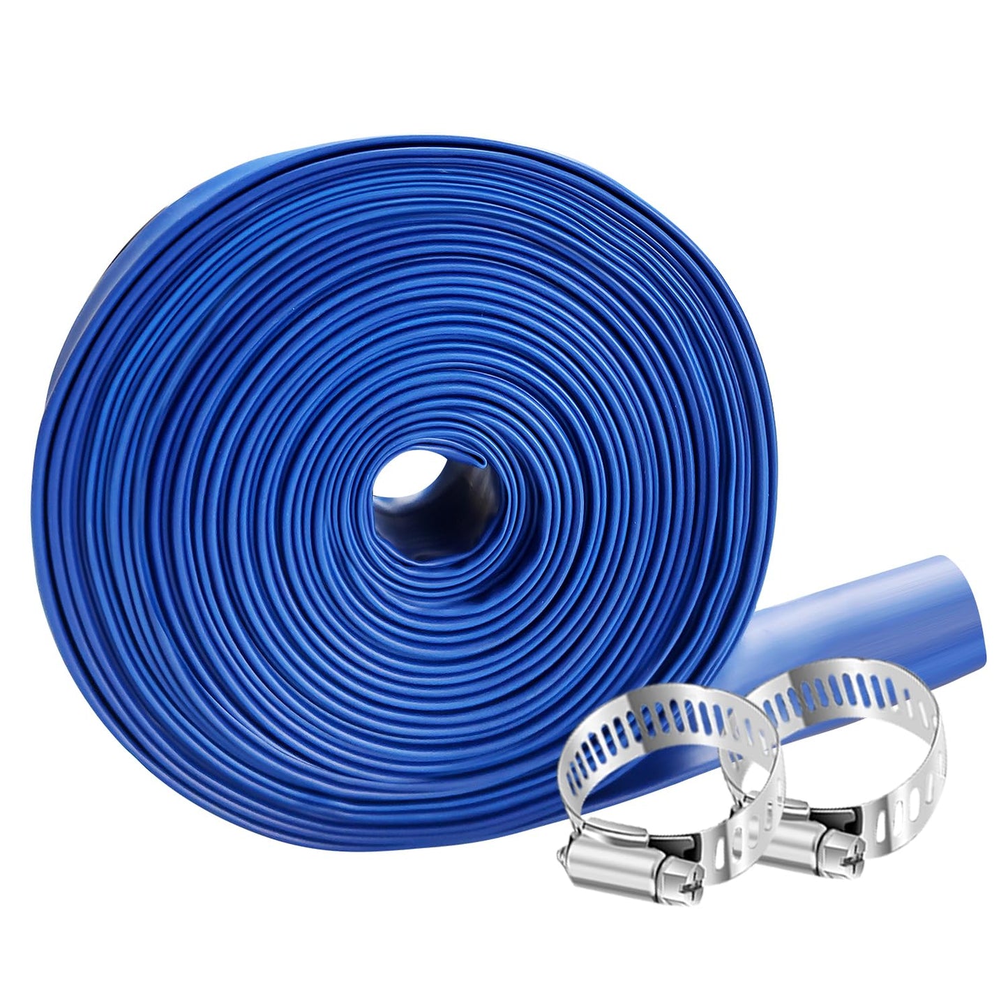 YASHINE PVC HOSE 1-1/2"*100ft, Pool Backwash Hose, Heavy Duty Reinforced Blue PVC Lay Flat Water, For Swimming Drain Pools and Clean Filters, with 2 Clamp