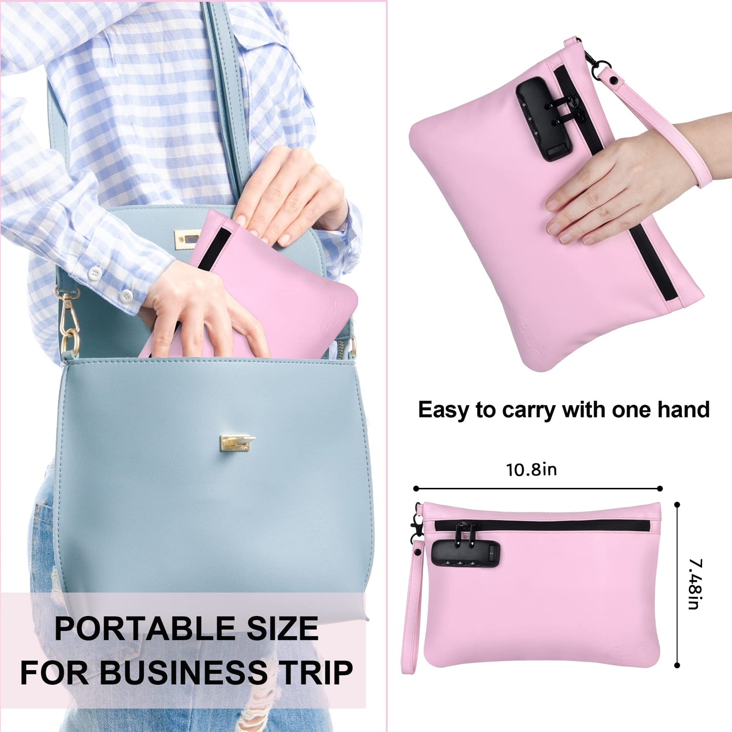 BOYISTARG PU Leather Gift Storage Bags with 8 Items -portable Travel Pouch with Combination Lock – Waterproof Airtight Zippers Bag with Activated Carbon Lining Travel Storage Case for Women -Pink