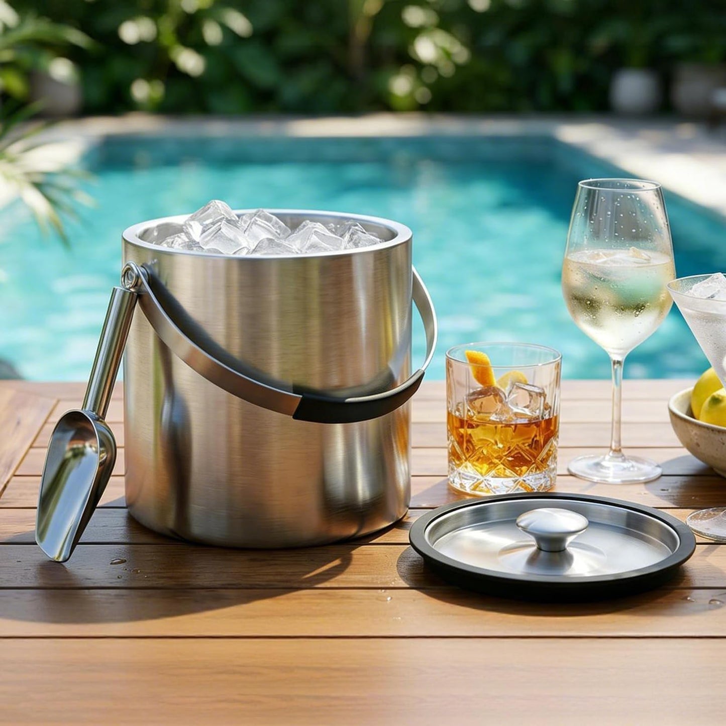 Ice Bucket with Lid and Scoop, 3.2L Double Wall Insulated Stainless Steel Ice Bucket Champagne Bucket for Cocktail Bar and Parties