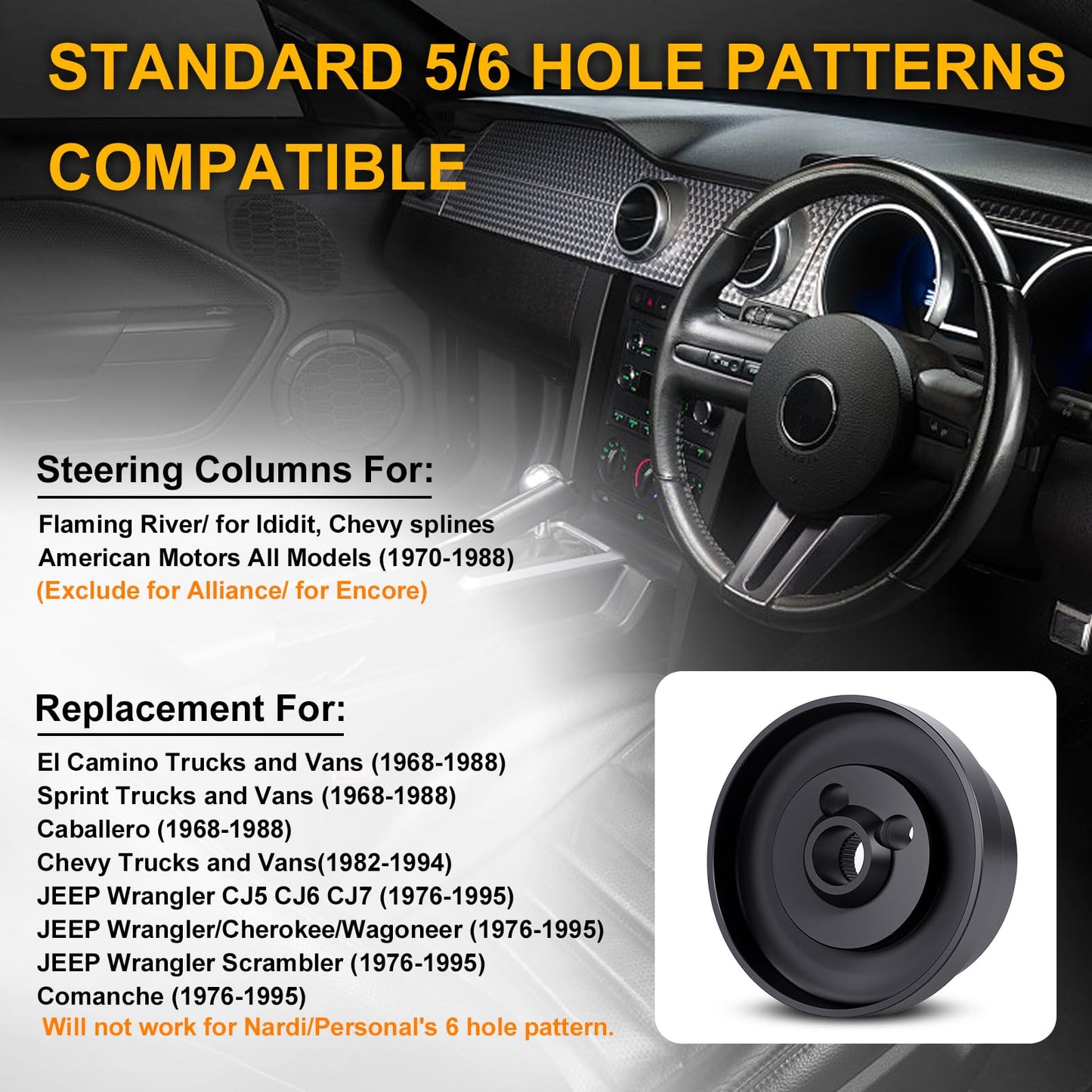 KIMISS 5/6 Hole Aluminum Steering Wheel Short Hub Adapter Kit - Quick Release Hub Adapter Direct Fit for GM Trucks 1982-1994, Racing Style, Easy Installation Easy Install Steering Wheel Kit (Black)