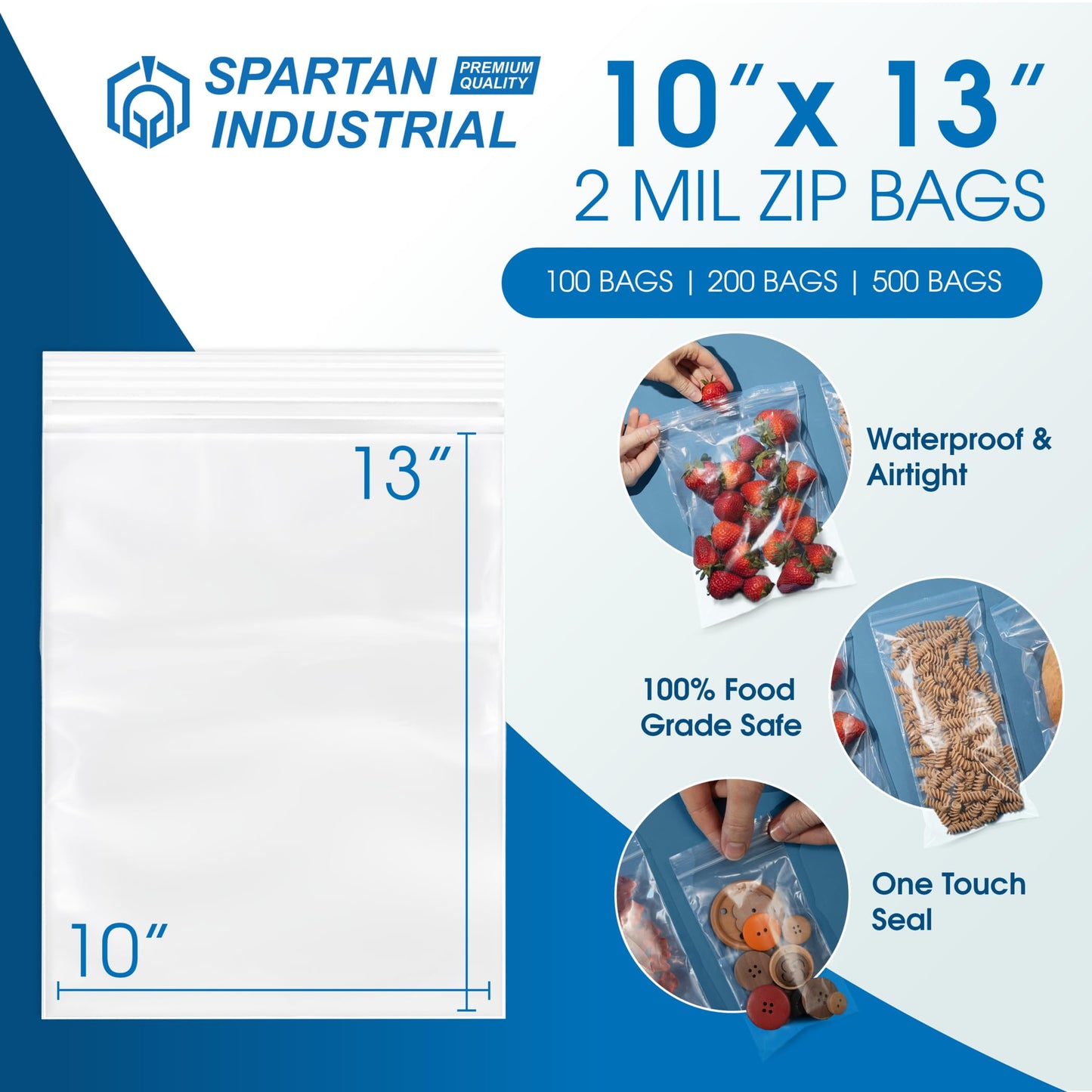 Spartan Industrial - 10” X 13” (500 Count) 2 Mil Clear Reclosable Zip Plastic Poly Bags with Resealable Lock Seal Zipper
