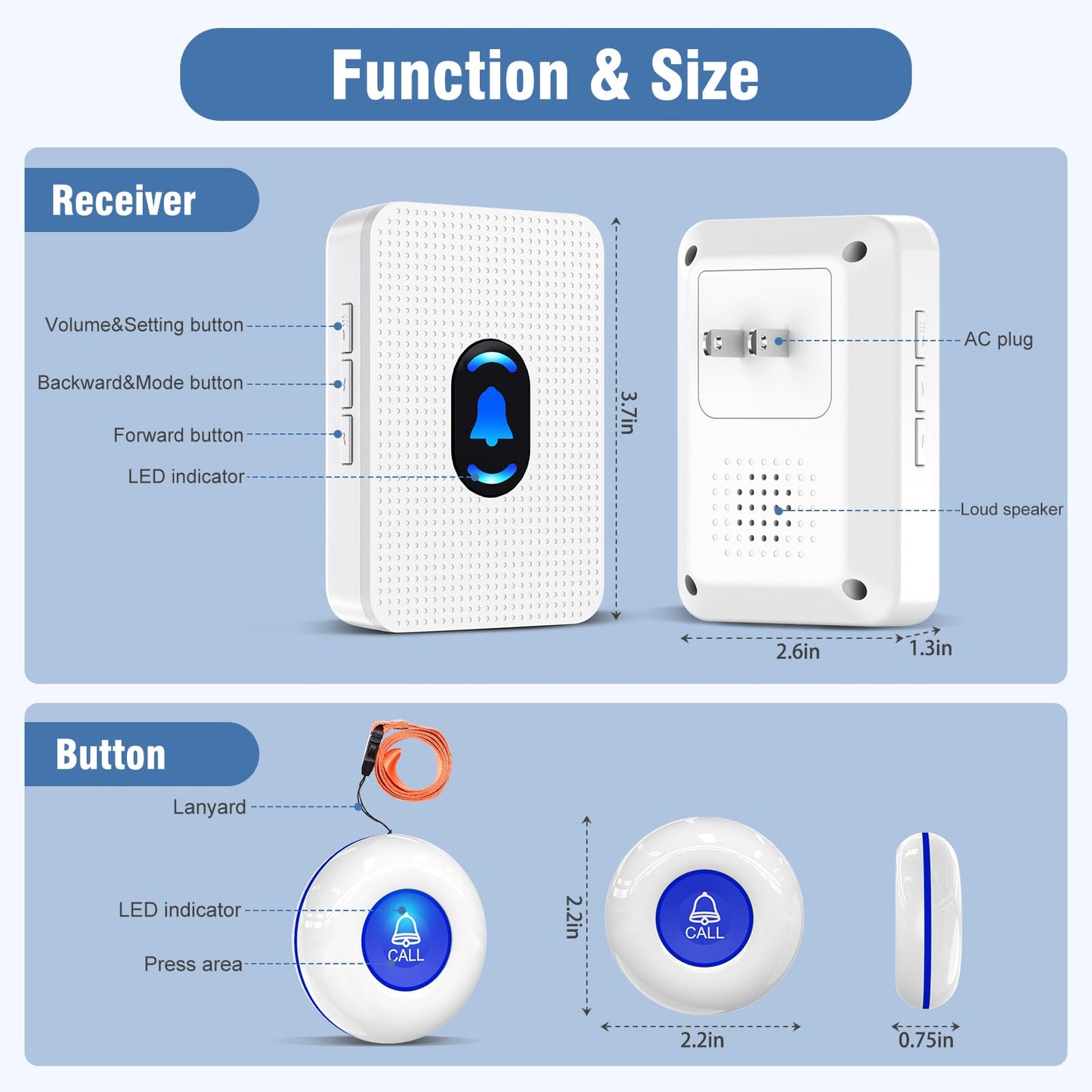 Daytech Caregiver Pager Seniors Alert Button System 500Ft Wireless Emergency Call Button for Elderly/Disabled/Nurse Call, 1 Receiver + 2 Panic Buttons
