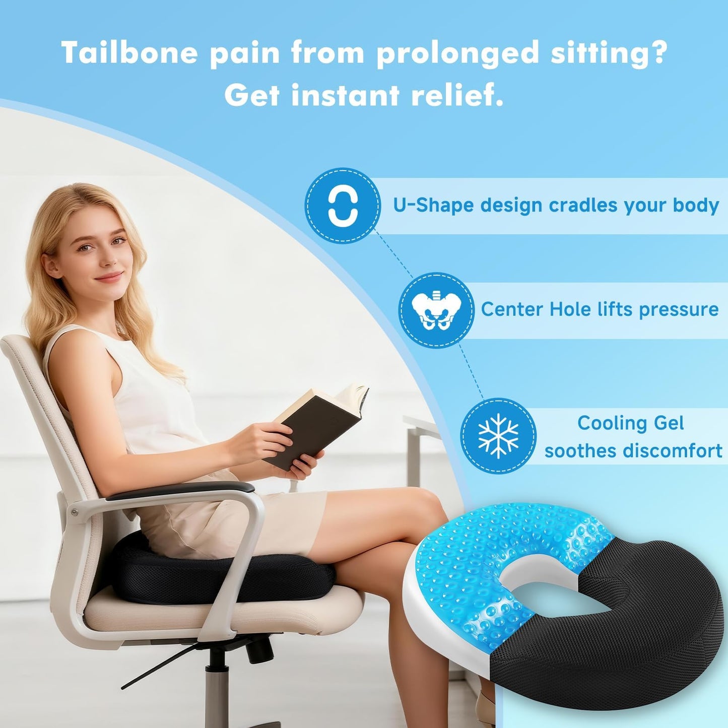 Donut Pillow Seat Cushion for Tailbone Hemorrhoids - Cooling Gel Memory Foam Car Seat Cushion for Office, Home&Wheelchair, Ergonomic Chair Pad Used in Coccyx, Sciatica, Pregnancy, Postpartum Recovery