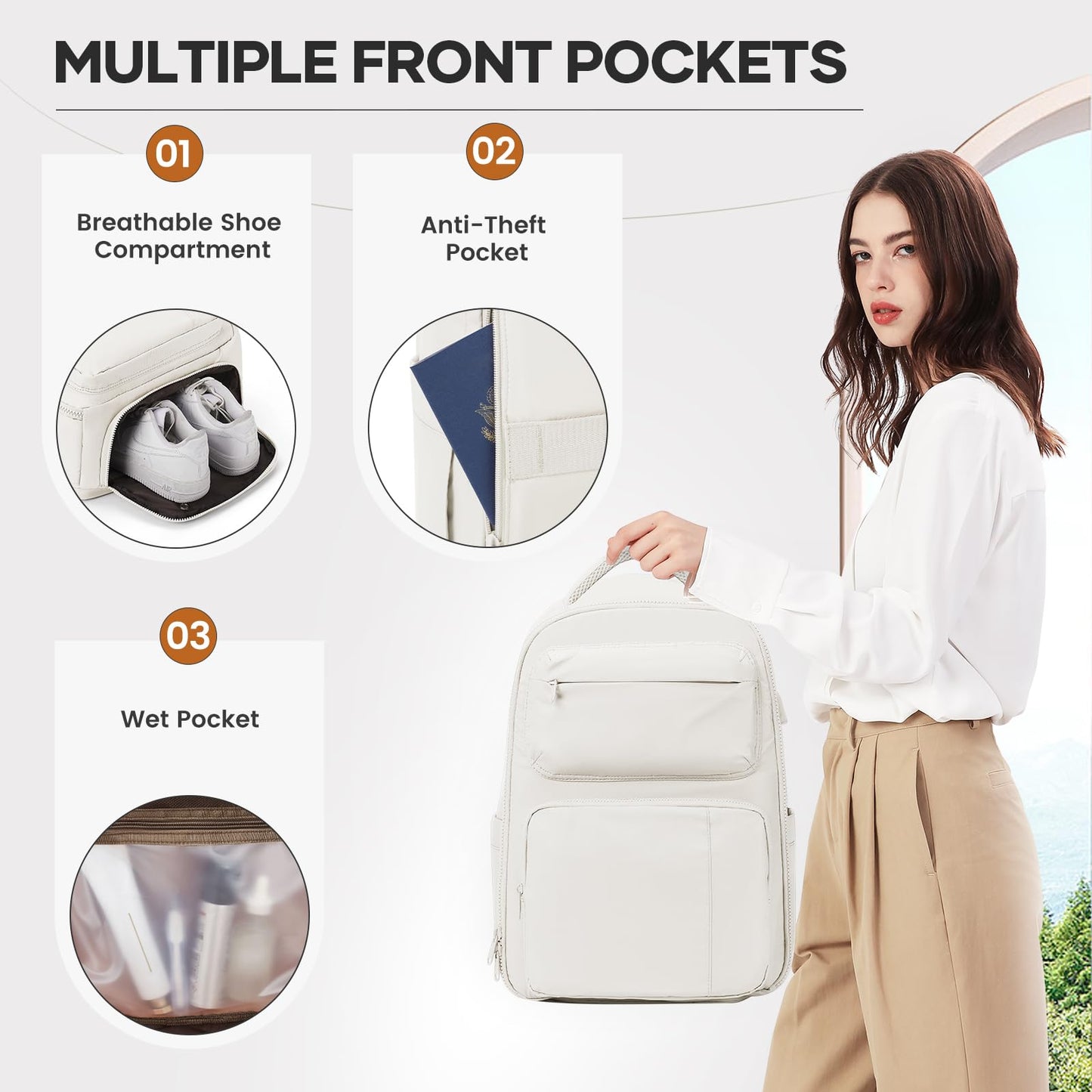 UPPACK Vacuum Backpack Travel with Pump Carry on Backpack Flight Approved Personal Item Travel Bag Airplane Compression Backpack for Travel with Vacuum System Beige
