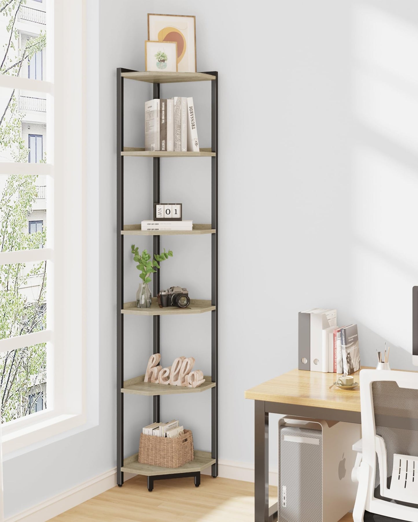 Hzuaneri Corner Shelf Stand, Corner Bookshelf, Storage Standing Shelf Unit with Metal Frame, Plant Stand, Corner Bookcase for Living Room, Home Office, Bedroom, 6-Tier Greige CS06005B