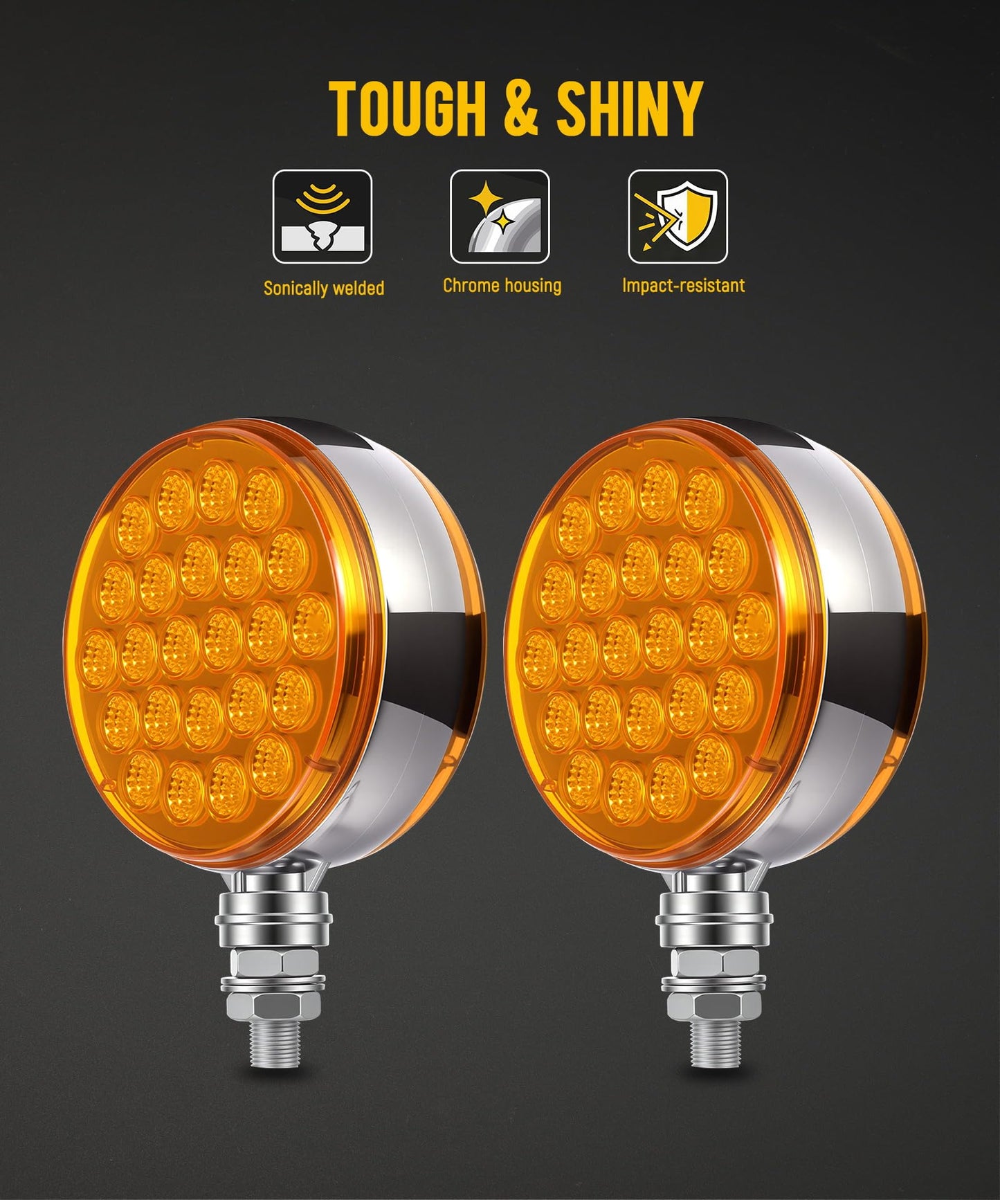 Partsam 2pcs Round Double Face Amber 48LED Pedestal Fender Rear Turn Signal Parking Lights Post Mount, Dual-face Led Marker Trailer Lights Replacement for Kenworth/Peterbilt/Freightliner Trucks
