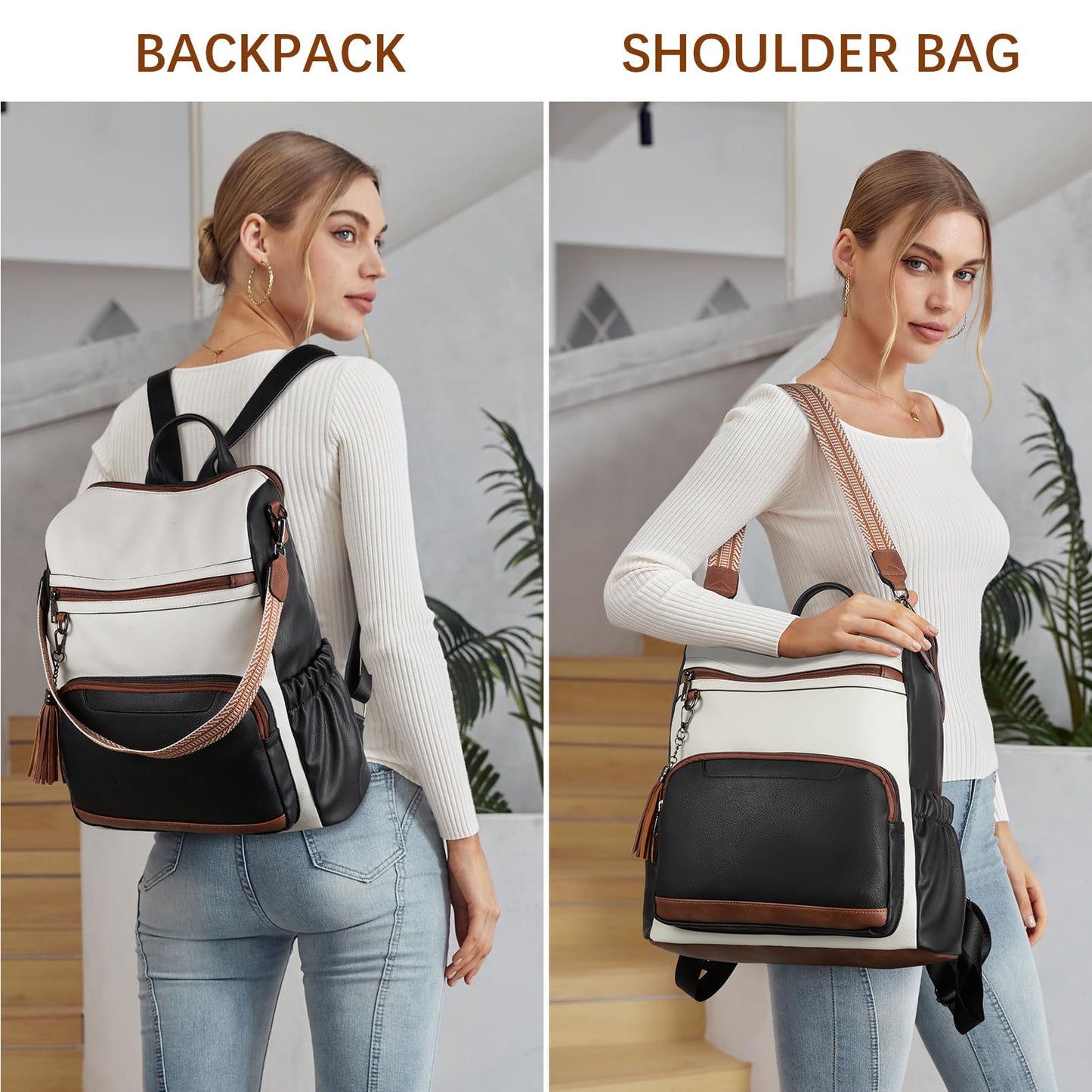 BOSTANTEN Leather Laptop Backpack for Women Designer Travel Backpack with Laptop Compartment Ladies Computer Shoulder Bags Black＆Beige＆Brown