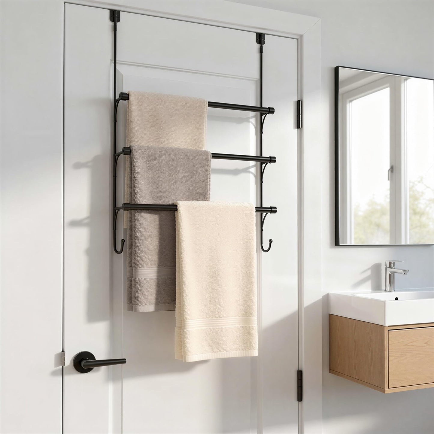 Amazon Basics Over the Door Towel Rack with Hooks, 19.3W x 6.6D x 24.8H inch, Black
