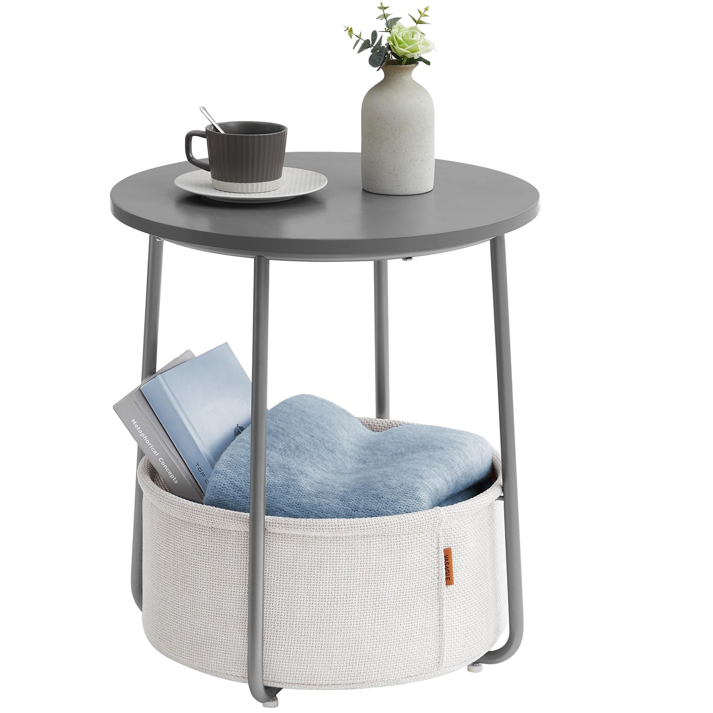 VASAGLE LILEA Collection - Small Round Side End Table, Modern Nightstand with Fabric Basket, Cement Gray and Cream White ULET223G49