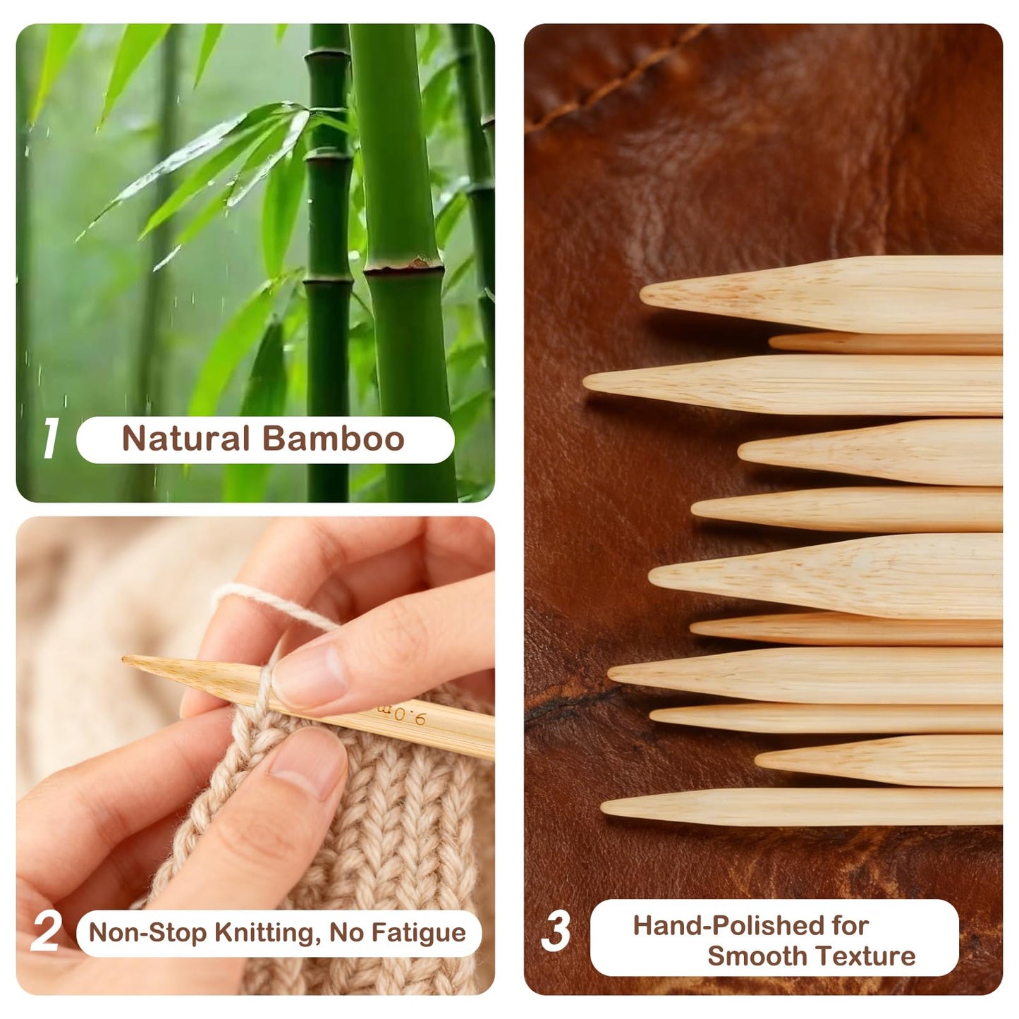 Guclud Bamboo Knitting Needles Set, 5-Inch Interchangeable Circular Knitting Needles US 4-15 (3.5-10mm),12 Pairs of Hand-Polished Circular Needles, 4 Cables, Accessories & Case (Bamboo/Silver Tip)