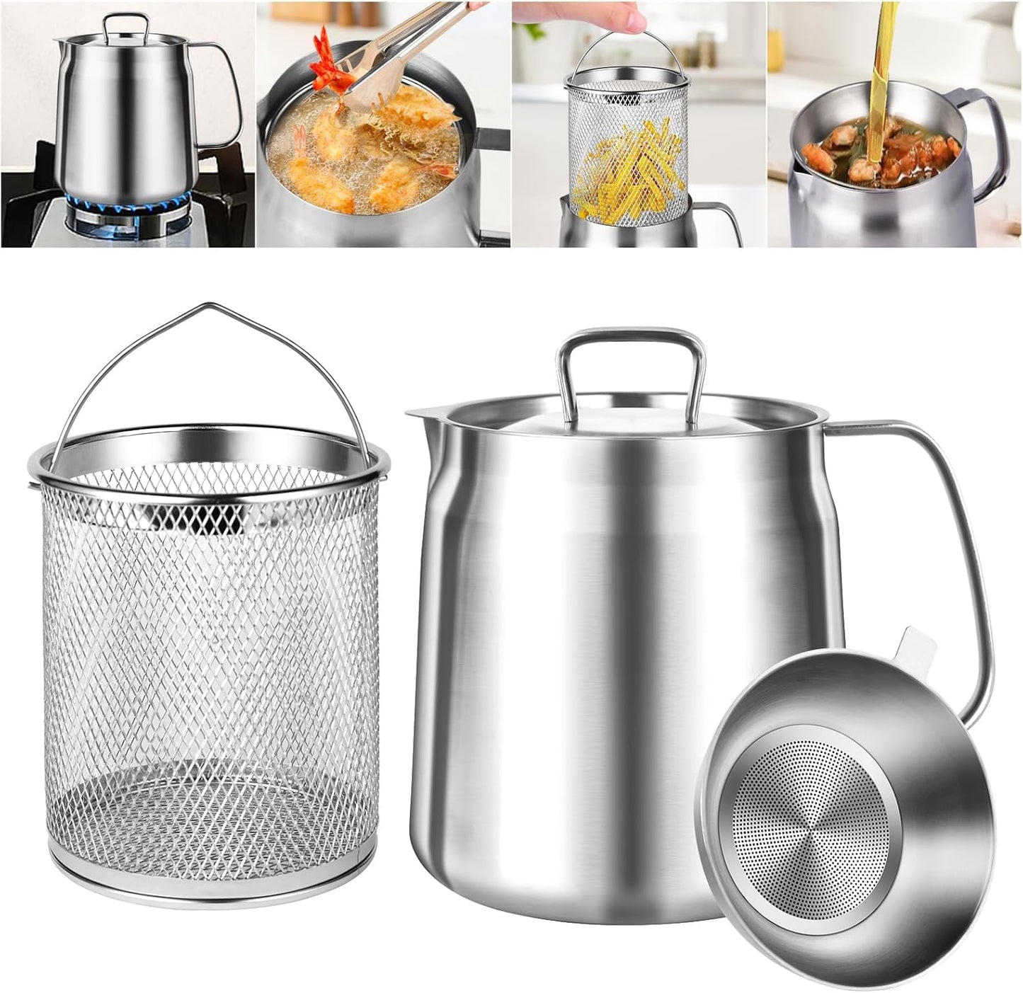 2LStainless Steel Oil Filter Pot, Bacon Grease Container with Strainer & Deep Fryer Basket, 2 In 1 Oil Strainer Pot, Strainer, Oil Separator Storage Kitchen Gadgets.