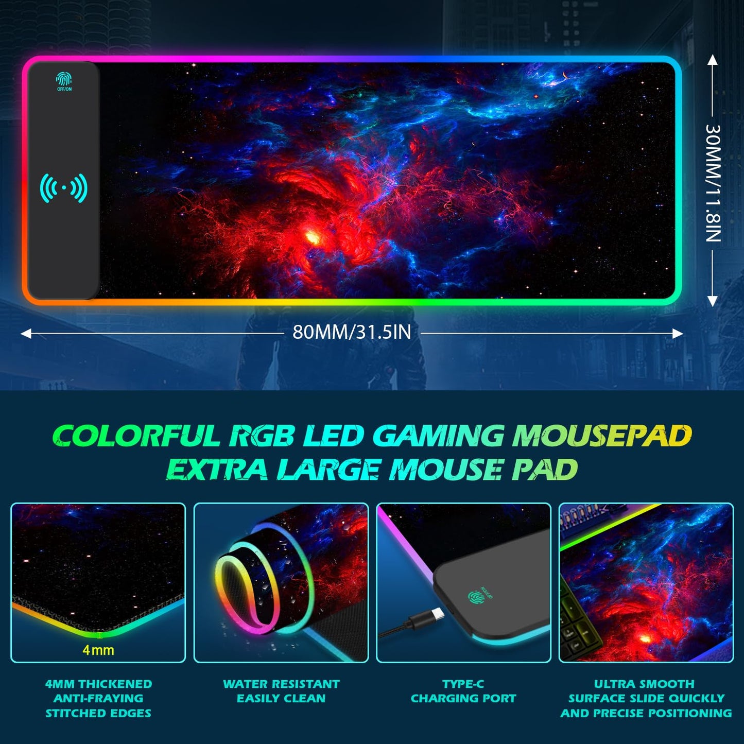 ToLuLu RGB Wireless Charging Gaming Mouse Pad, 7.5/10/15W 10 Light Modes LED Mouse Pad Computer Keyboard Mat Mousepad, 800x300x4MM Extended Large Desk Pad Desk Mat for Gamer, Red Blue Galaxy