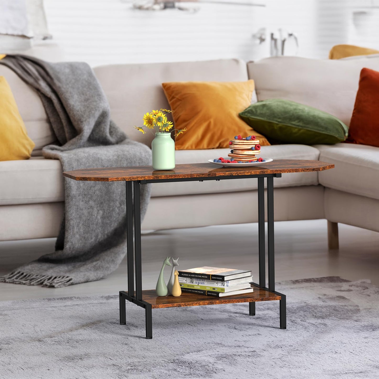 Rustic Coffee Table for Living Room Center Table with Storage Shelf 2-Tier Wood Tea Table Industrial Rectangle Coffee Table for Large or Small Spaces, Brown