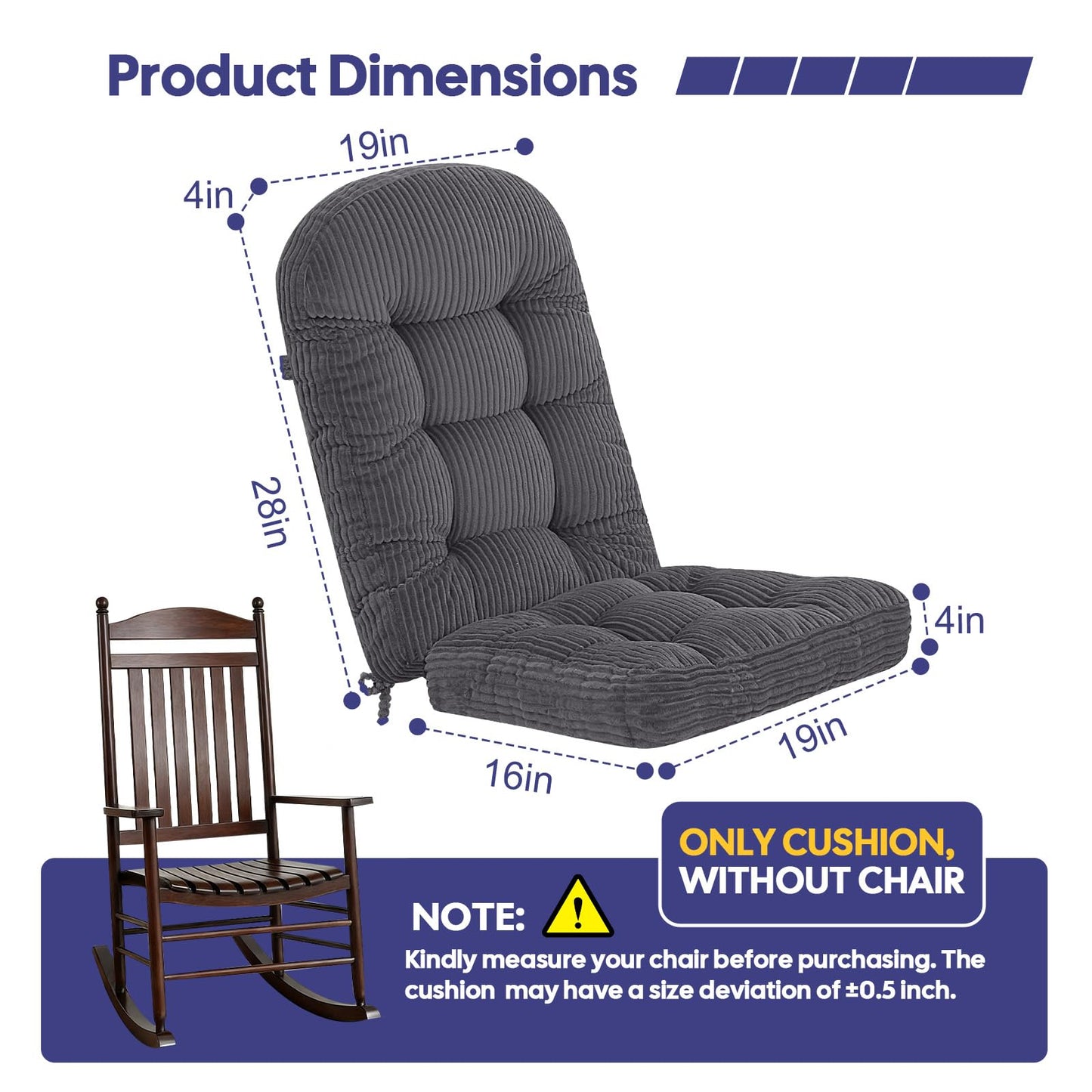 idee-home Rocking Chair Cushions Indoor, Glider Rocker Replacement Cushions with Removable Corduroy Cover, Wooden Rocking Chair Pad High Back, Non-Slip Bottom Tufted Seat Pads with Ties, Grey