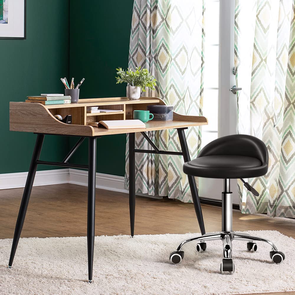 KKTONER PU Leather Round Rolling Stool with Back Rest Height Adjustable Swivel Drafting Work SPA Task Chair with Wheels Black